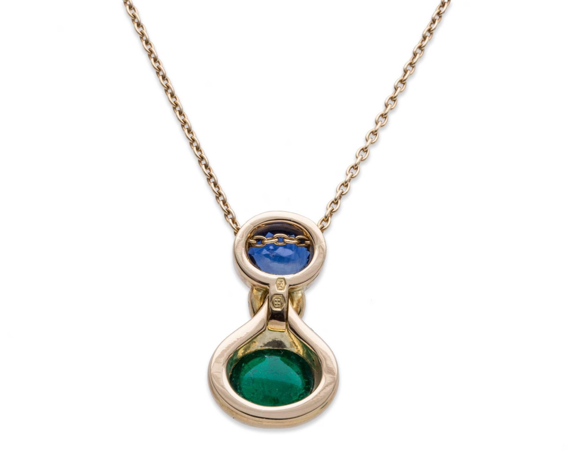 Bulgari BVLGARI sapphire and emerald pendant necklace in 18K yellow gold on yellow gold chain. Oval Blue Sapphire 1.94ct., Emerald cabochon 3.59ct., Pendant Dimensions: L 1.00" x W 0.56", Chain Length: 17.00"