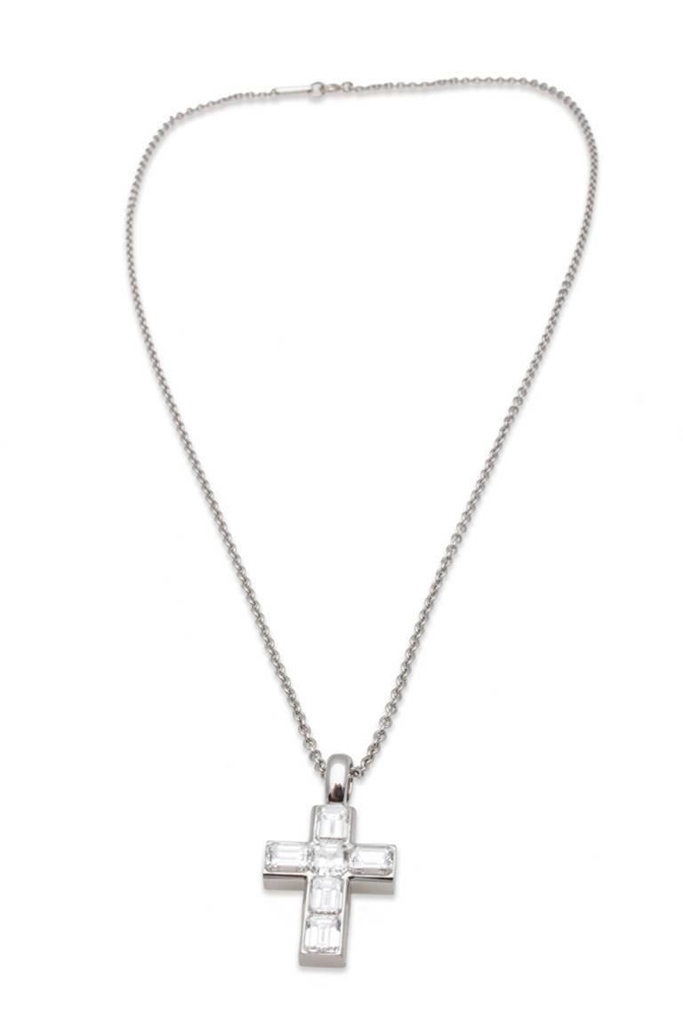 Cartier diamond cross pendant necklace in platinum, on platinum chain. Total Diamond Weight 3.00ct, Cross Dimensions L 0.69