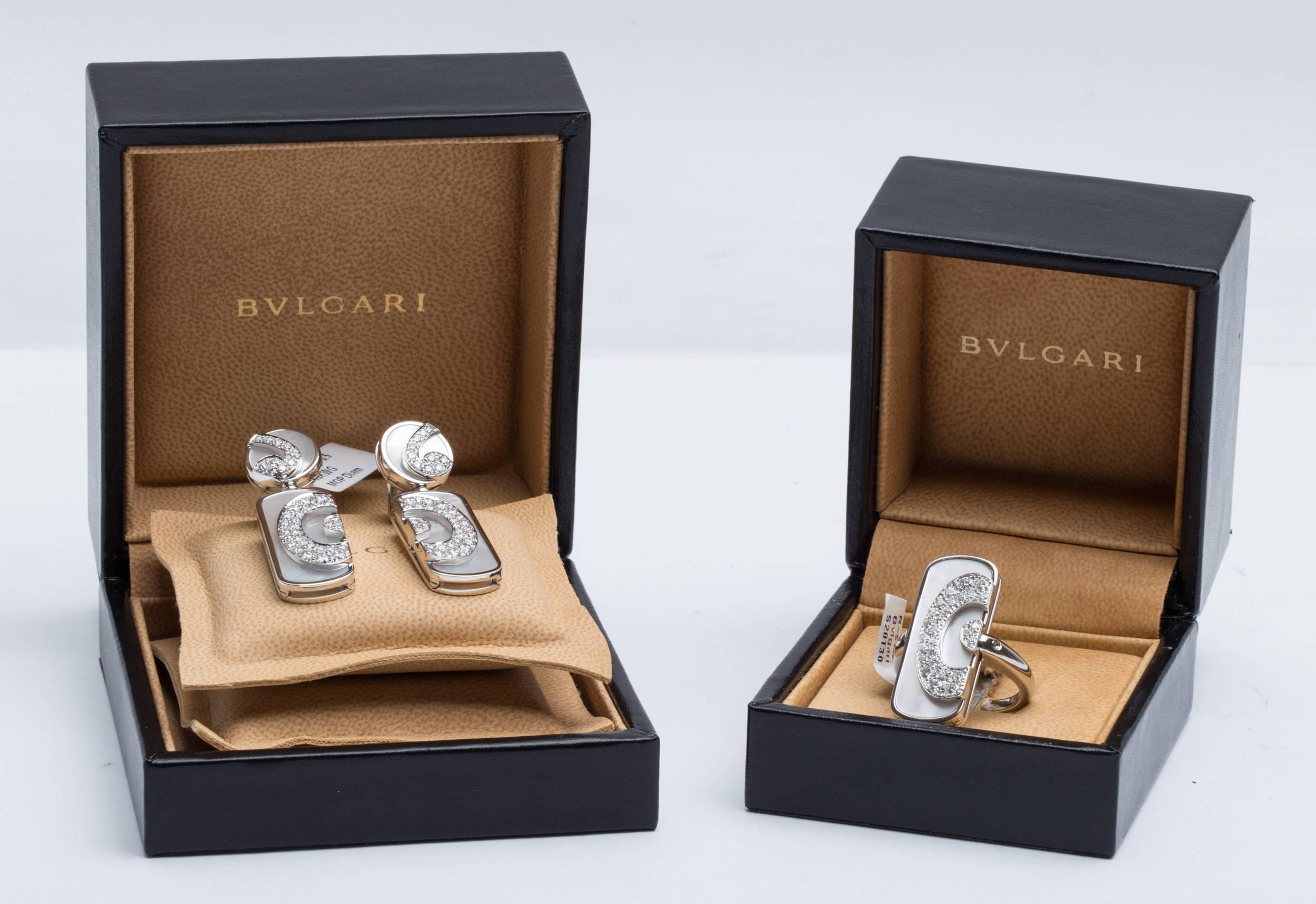 Bulgari BVLGARI Diamond and Mother of Pearl Ring and Earring Set in 18K White Gold. Ring Size: US 8/ EUR 57, Earring Length: 1.50