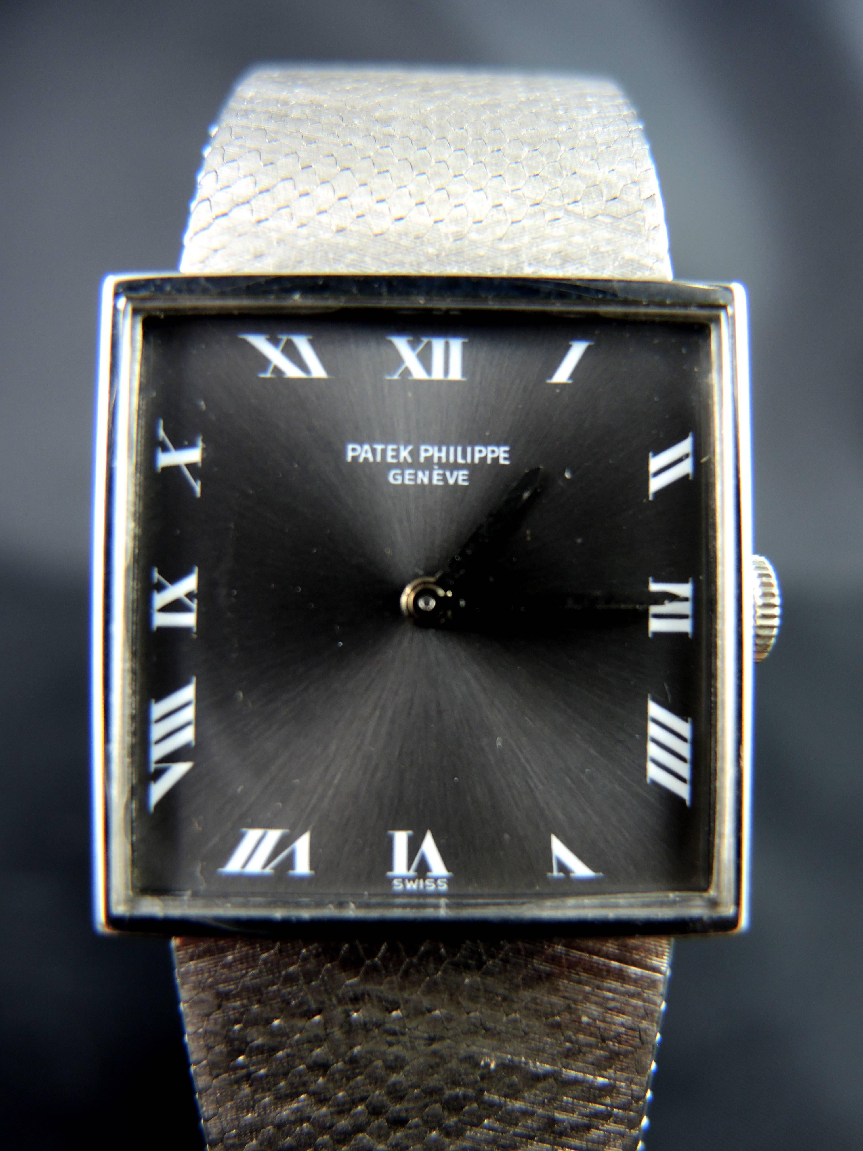 A rare Patek Philippe 18KT white gold wrist watch, ref. 3450/15, made in 1967.

Integral 18KT white gold linen-textured Patek Philippe bracelet.
The grey silvered dial features painted Roman numerals, and black baton hands.
Mineral glass.

Manual