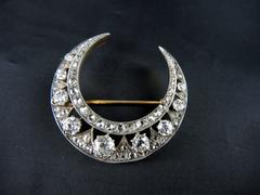 19th Century Diamond Silver Gold Crescent Moon Brooch