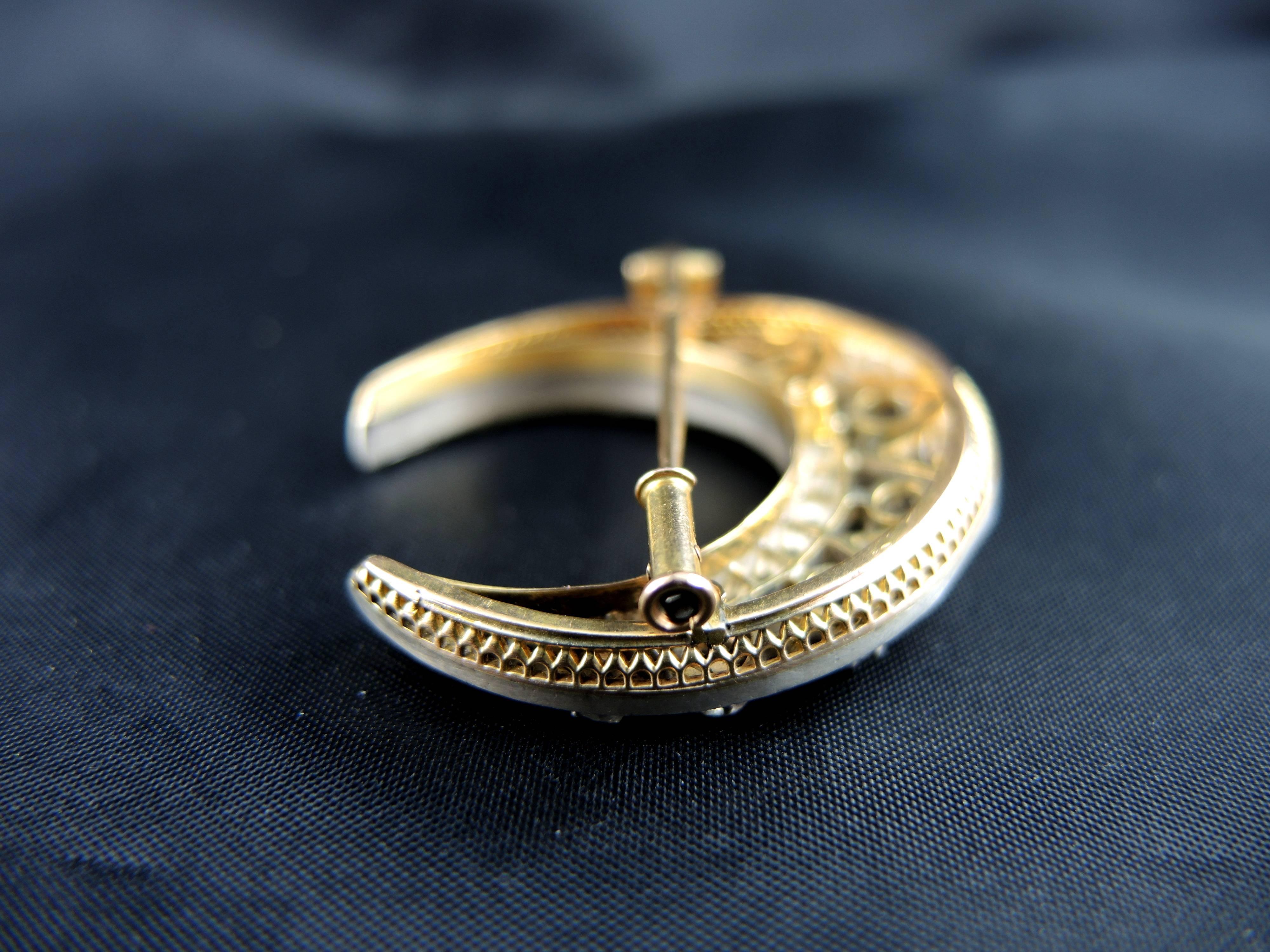 19th Century Diamond Silver Gold Crescent Moon Brooch 1