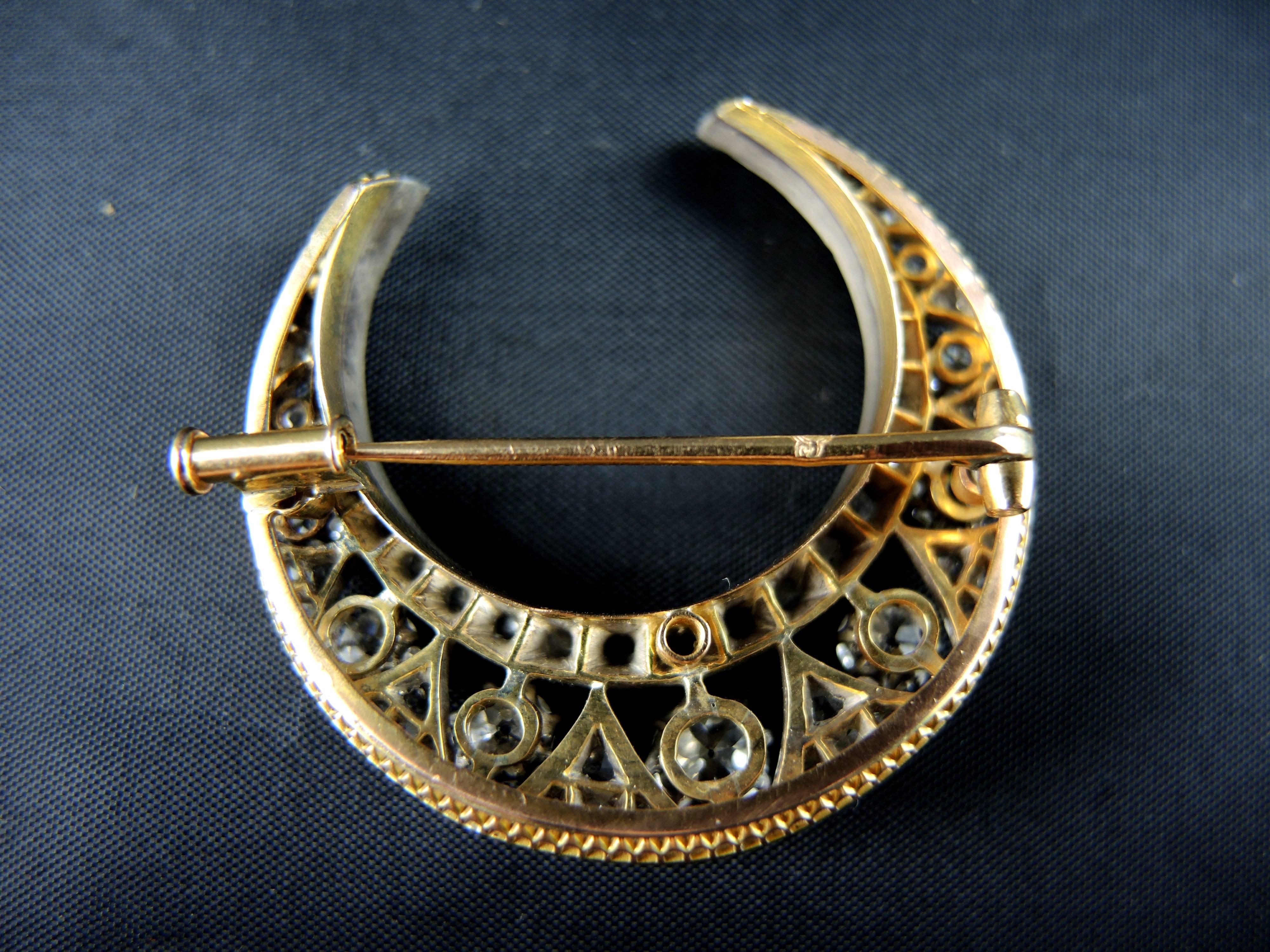 Napoleon III 19th Century Diamond Silver Gold Crescent Moon Brooch
