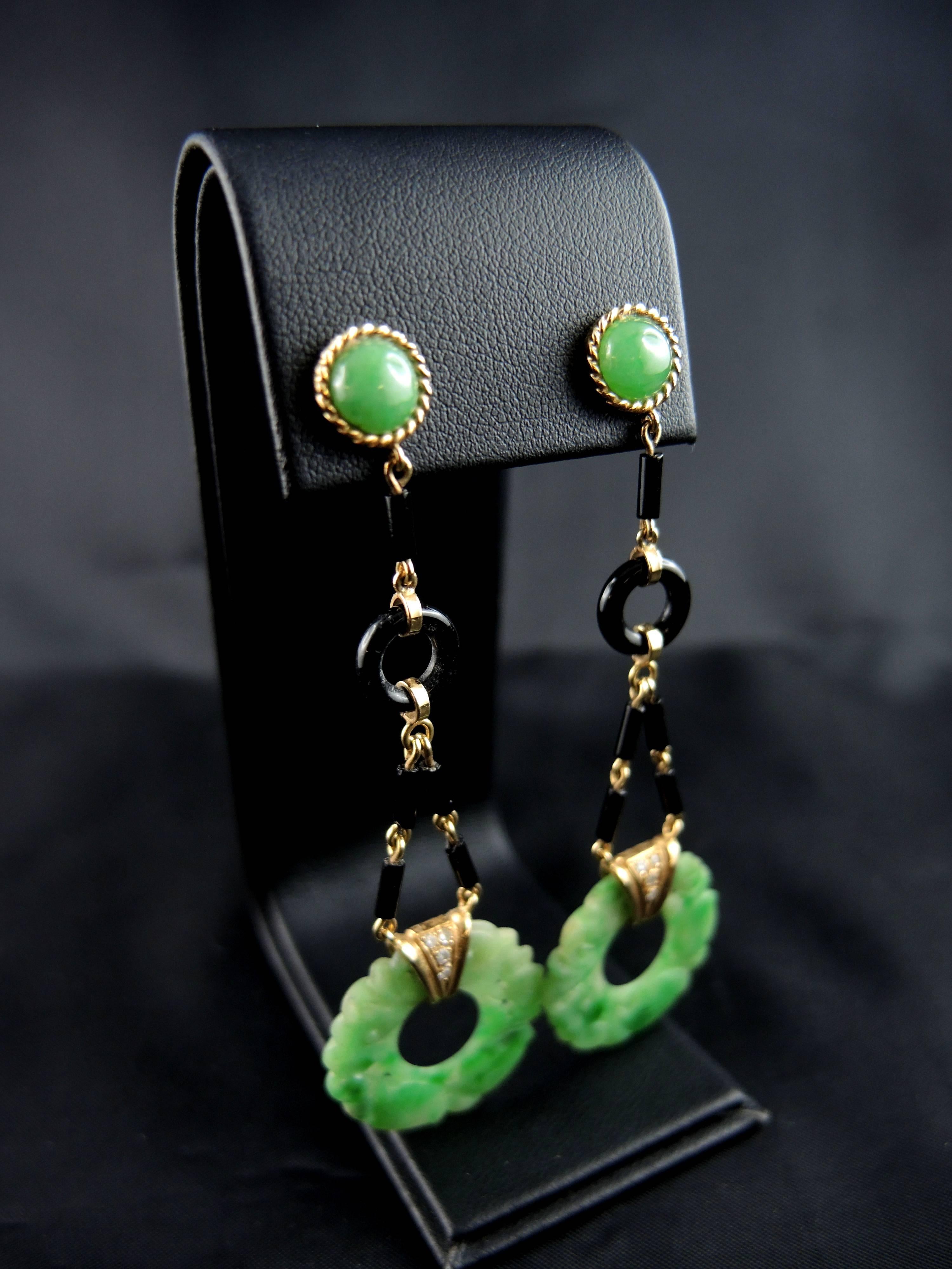 Women's Jade Jadeite Onyx and Diamonds Earrings