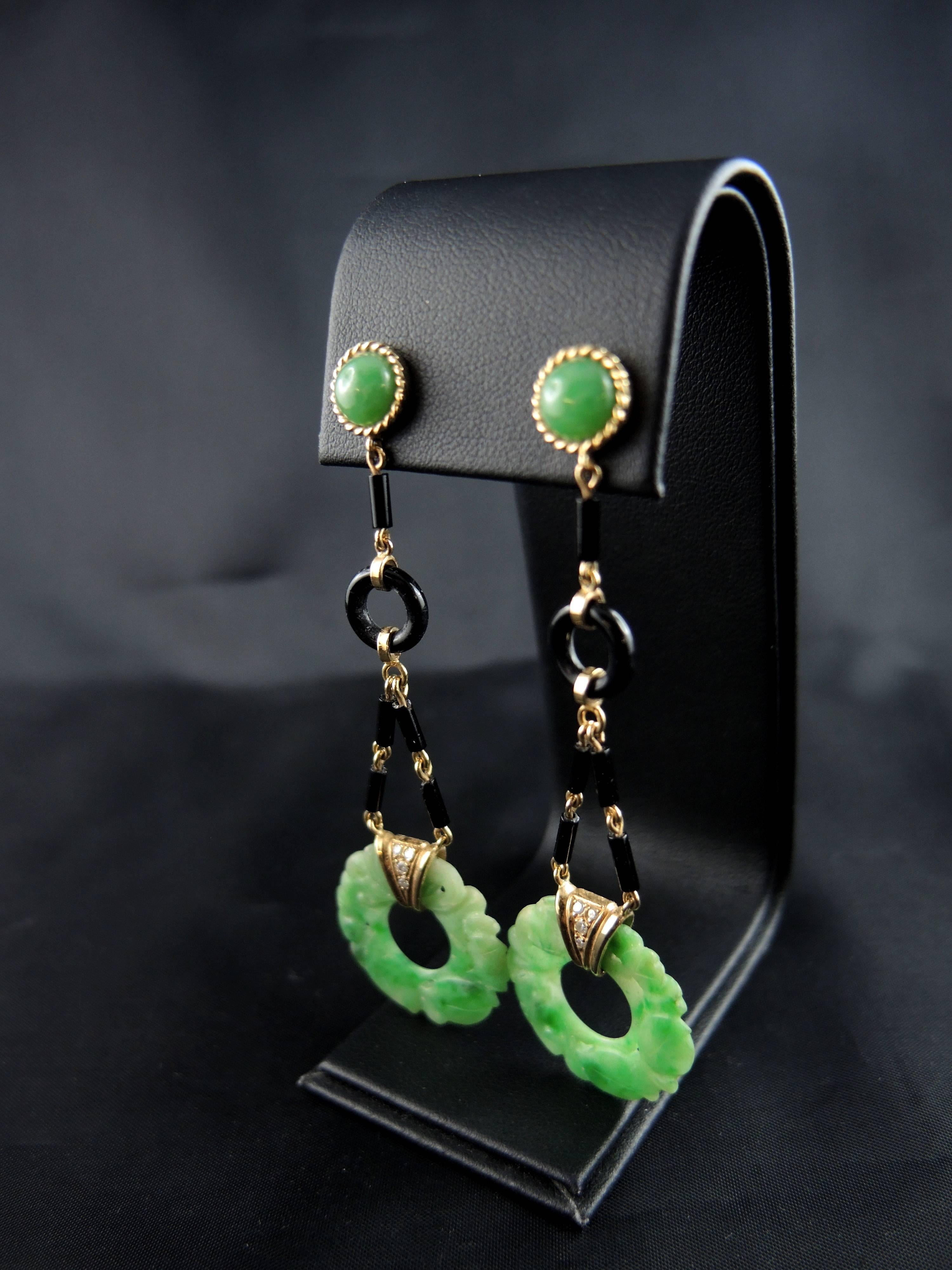 Jade Jadeite Onyx and Diamonds Earrings 1