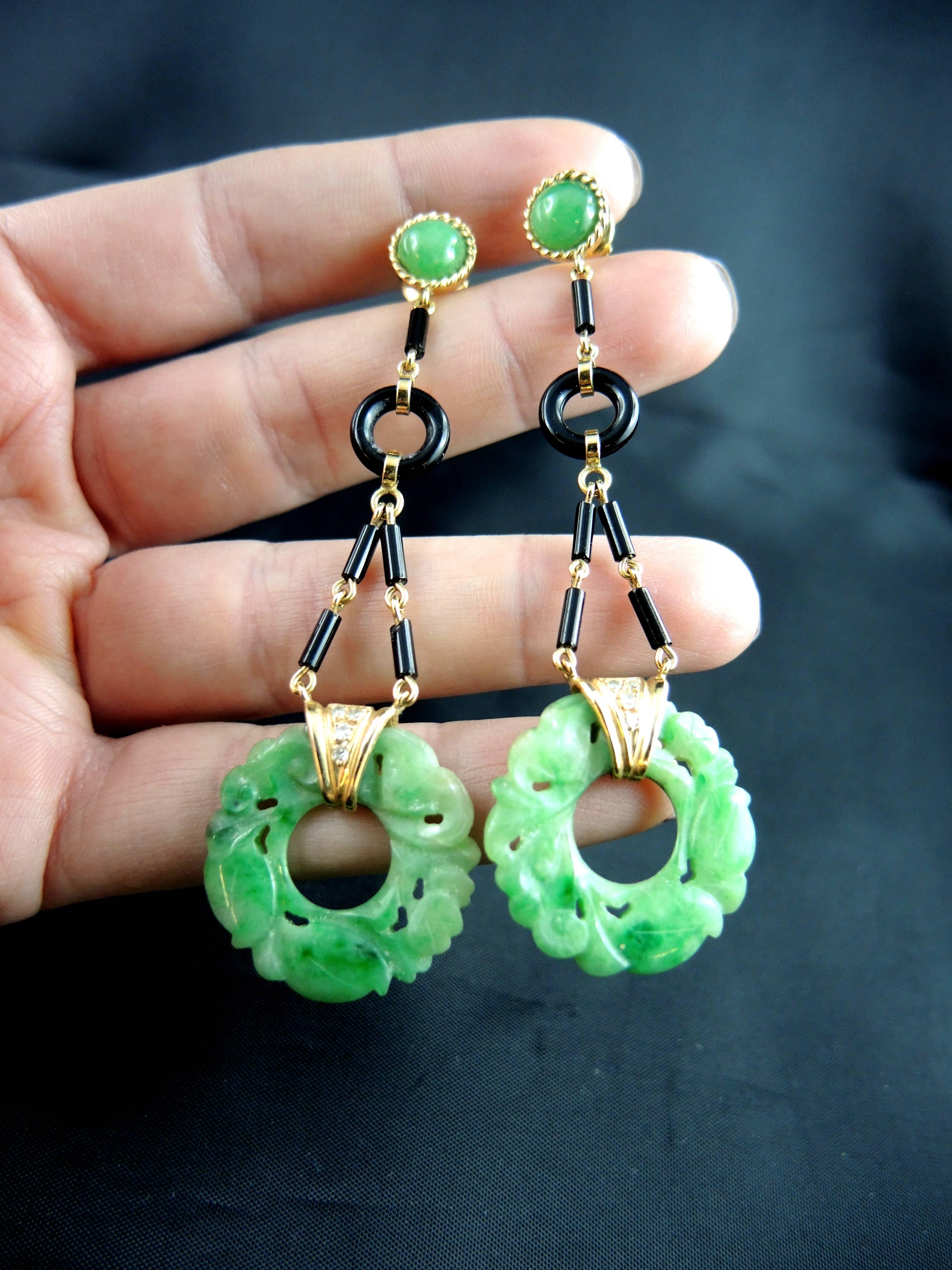 Jade Jadeite Onyx and Diamonds Earrings 2