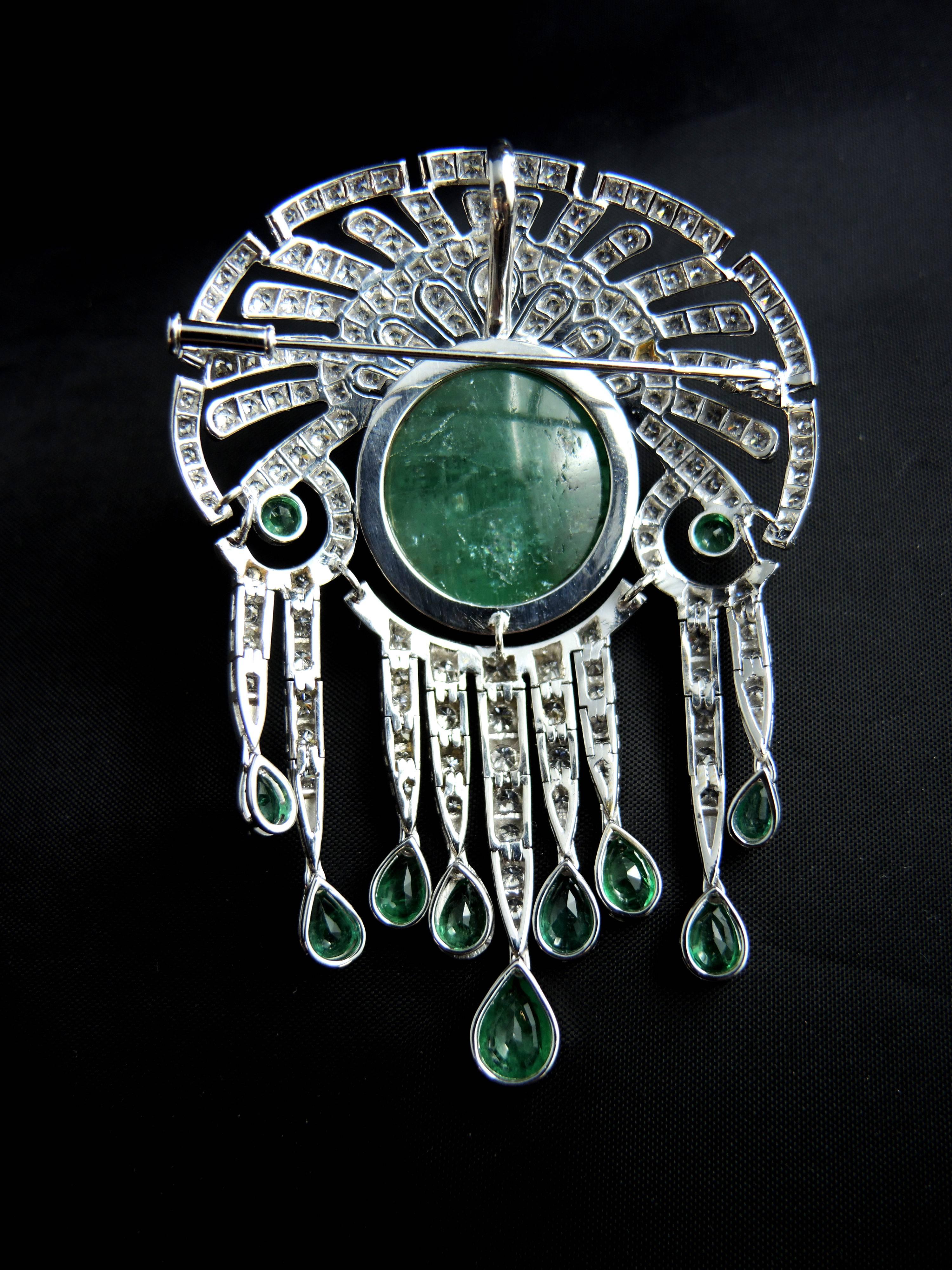 Art Deco French Emerald Diamond Brooch and Pendant