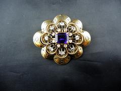 French Napoleon III Amethyst Diamond Gold Brooch circa 1850