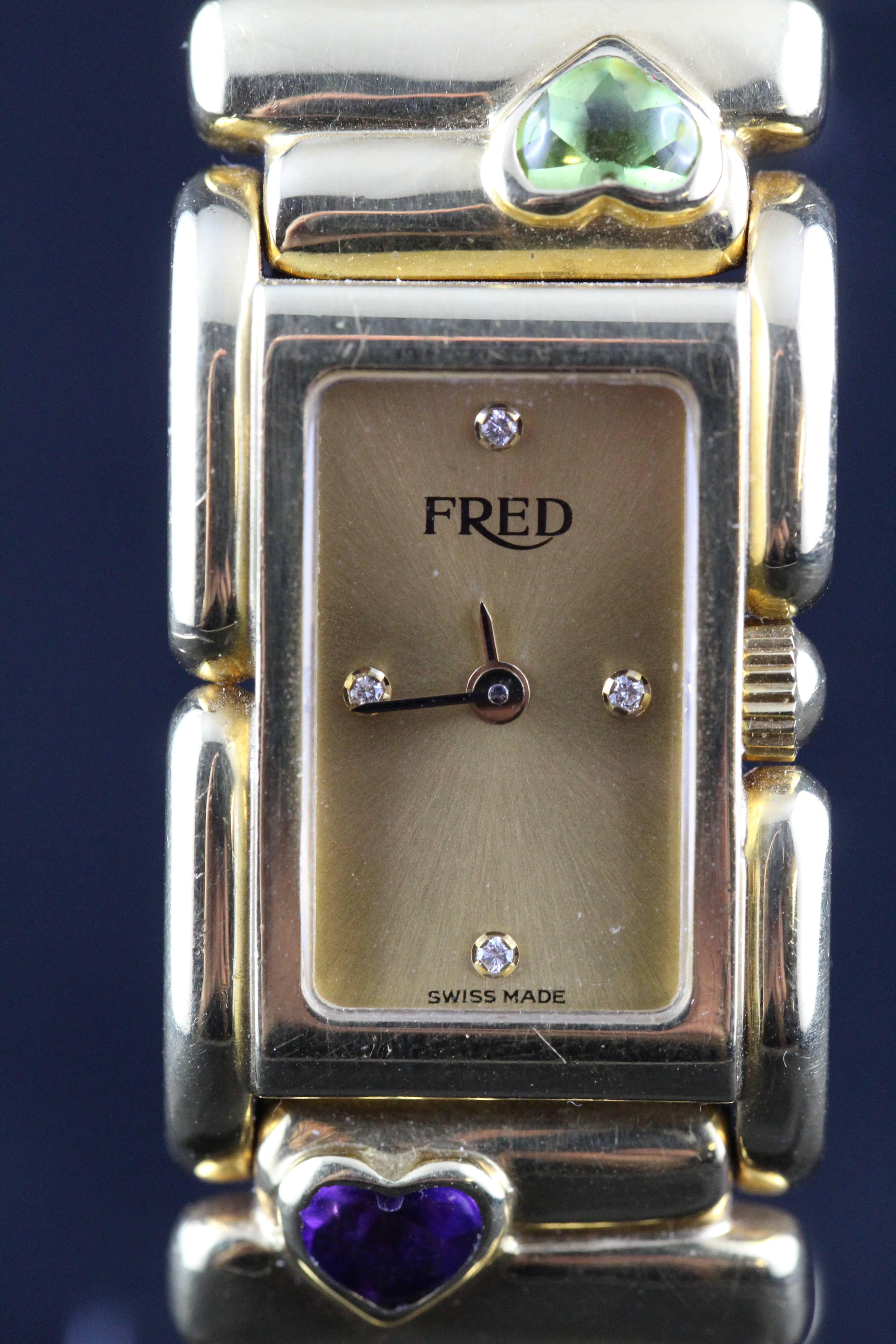 Fred Lady Wristwatch in Gold and Semi Precious Stones, circa 1990 In Good Condition For Sale In Paris, FR