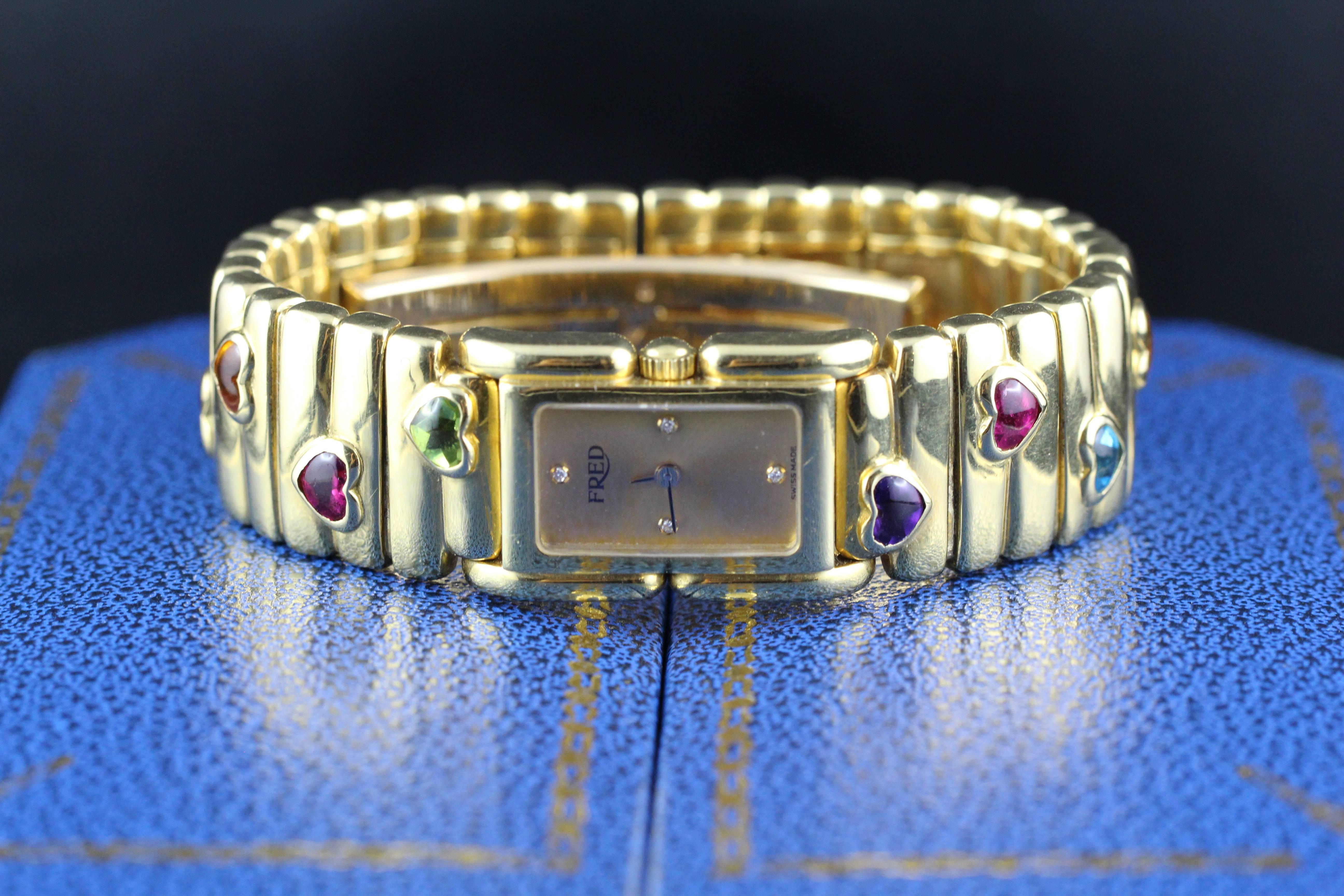Fred Lady Wristwatch in Gold and Semi Precious Stones, circa 1990 For Sale 1