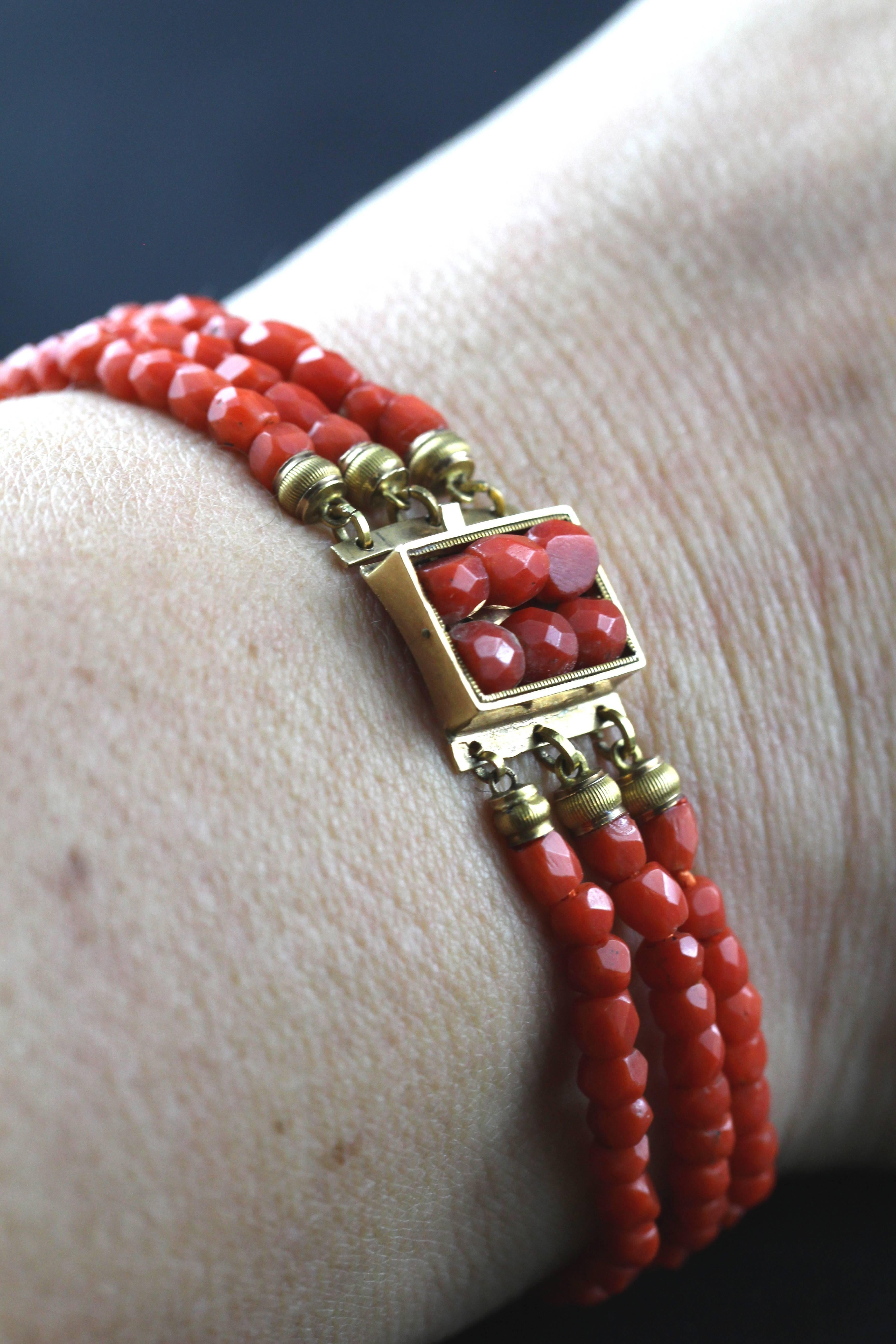 Women's Antique 19th Century French Coral Pearls Bracelet with Gold Clasp