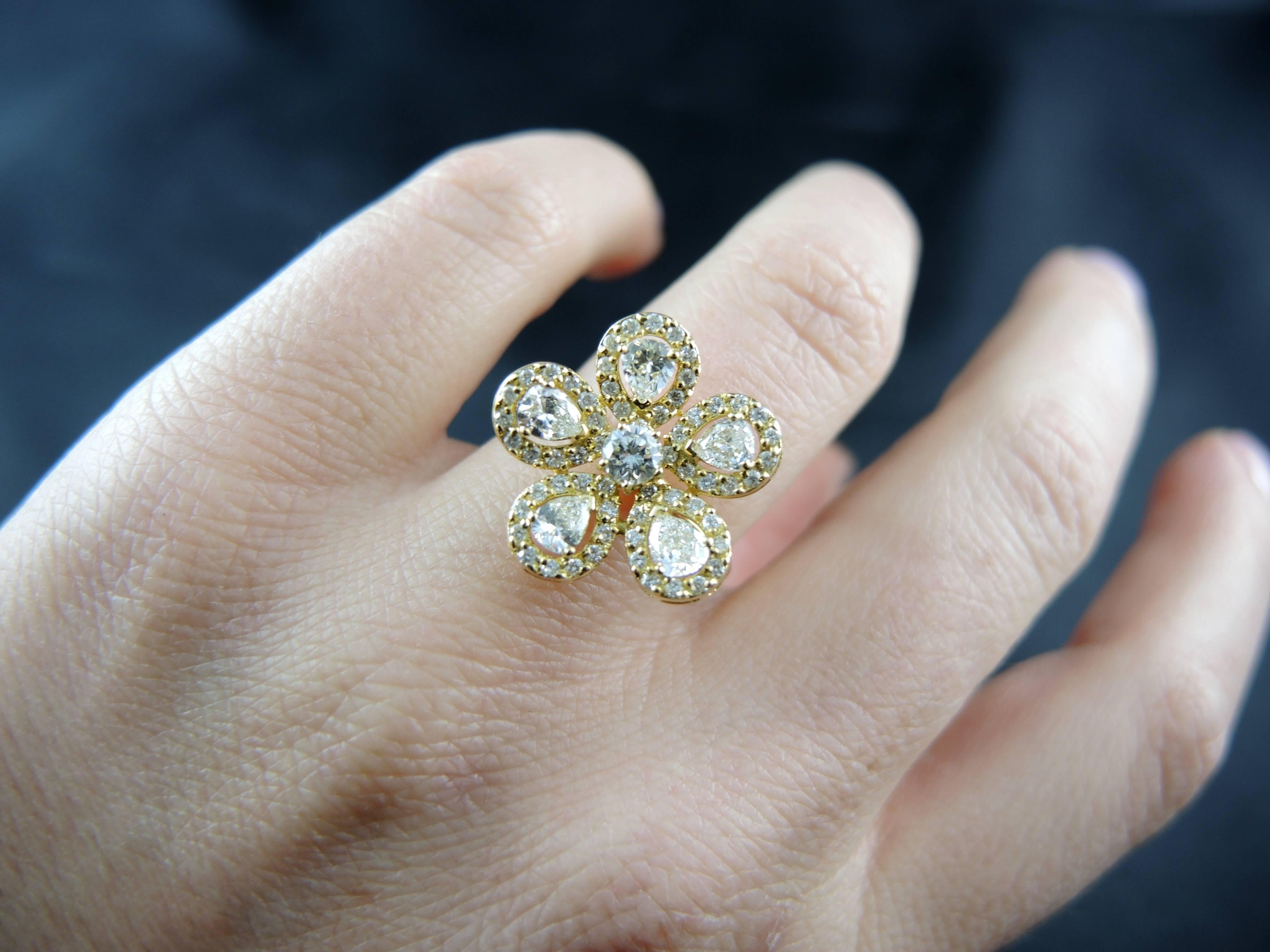 French Diamonds Yellow Gold Flower Ring For Sale 4