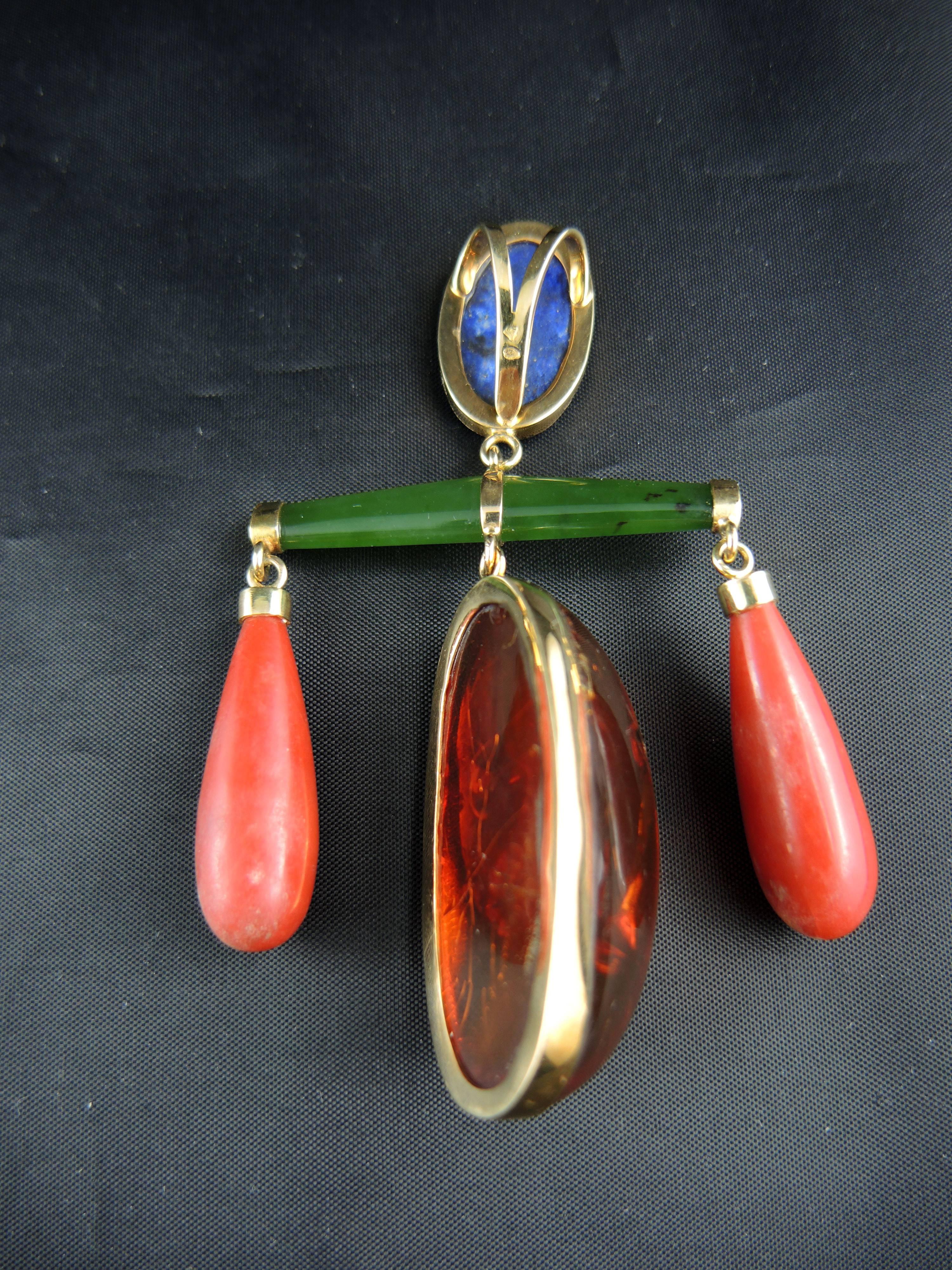 French Modernist Pendant with Lapis Lazuli, Amber, Coral and Jade, circa 1960 2