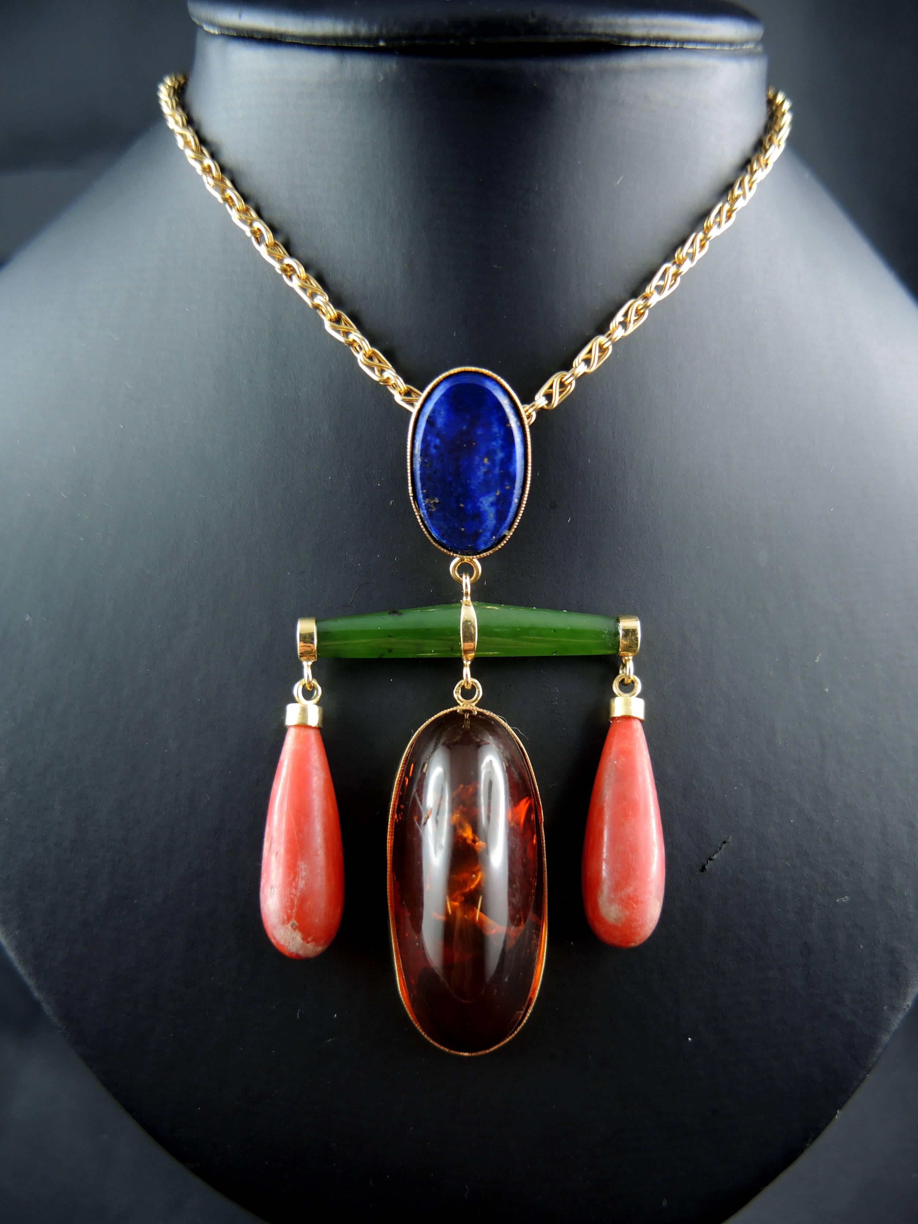 French Modernist Pendant with Lapis Lazuli, Amber, Coral and Jade, circa 1960 In Good Condition In Paris, FR