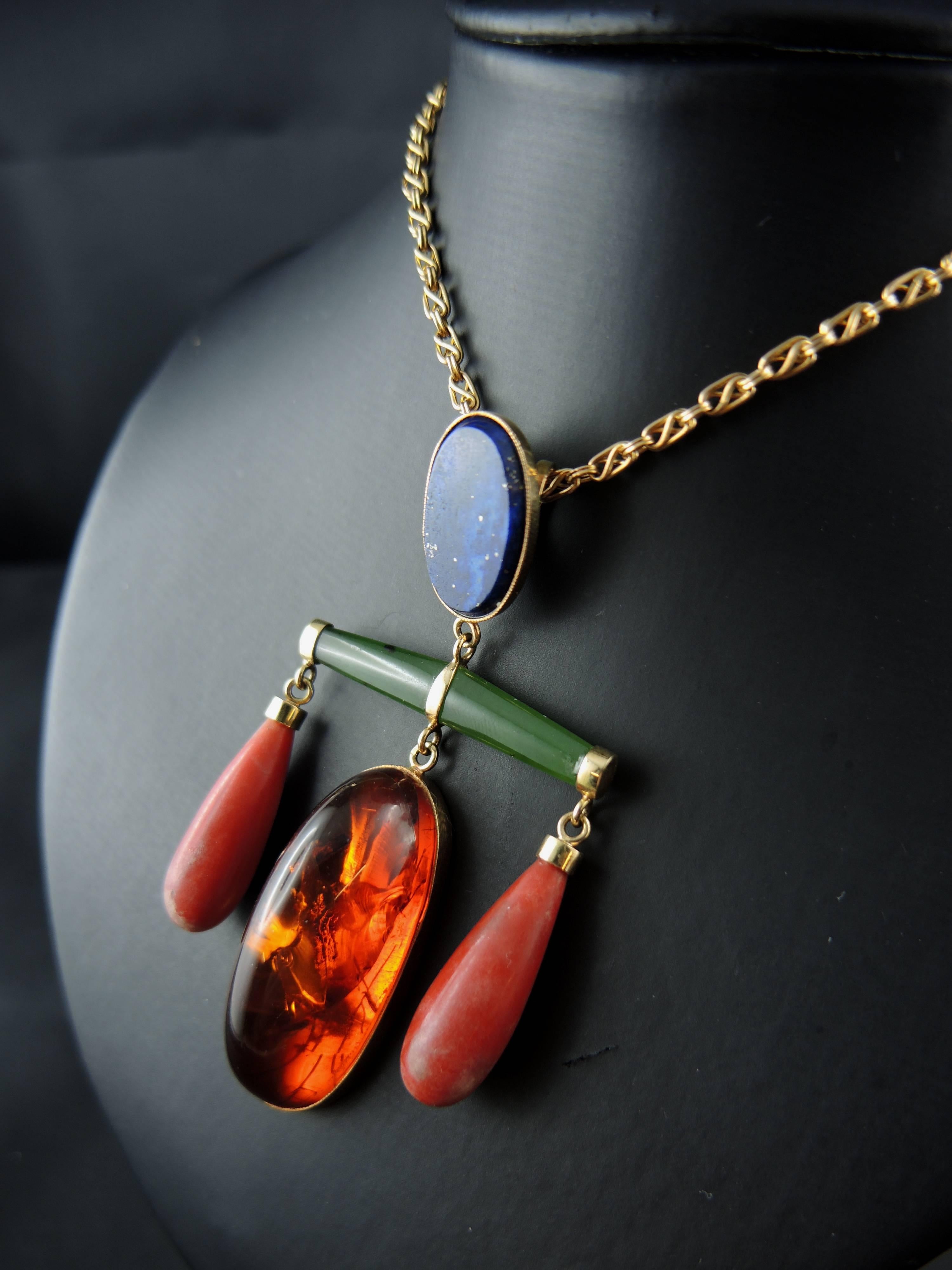 Women's French Modernist Pendant with Lapis Lazuli, Amber, Coral and Jade, circa 1960