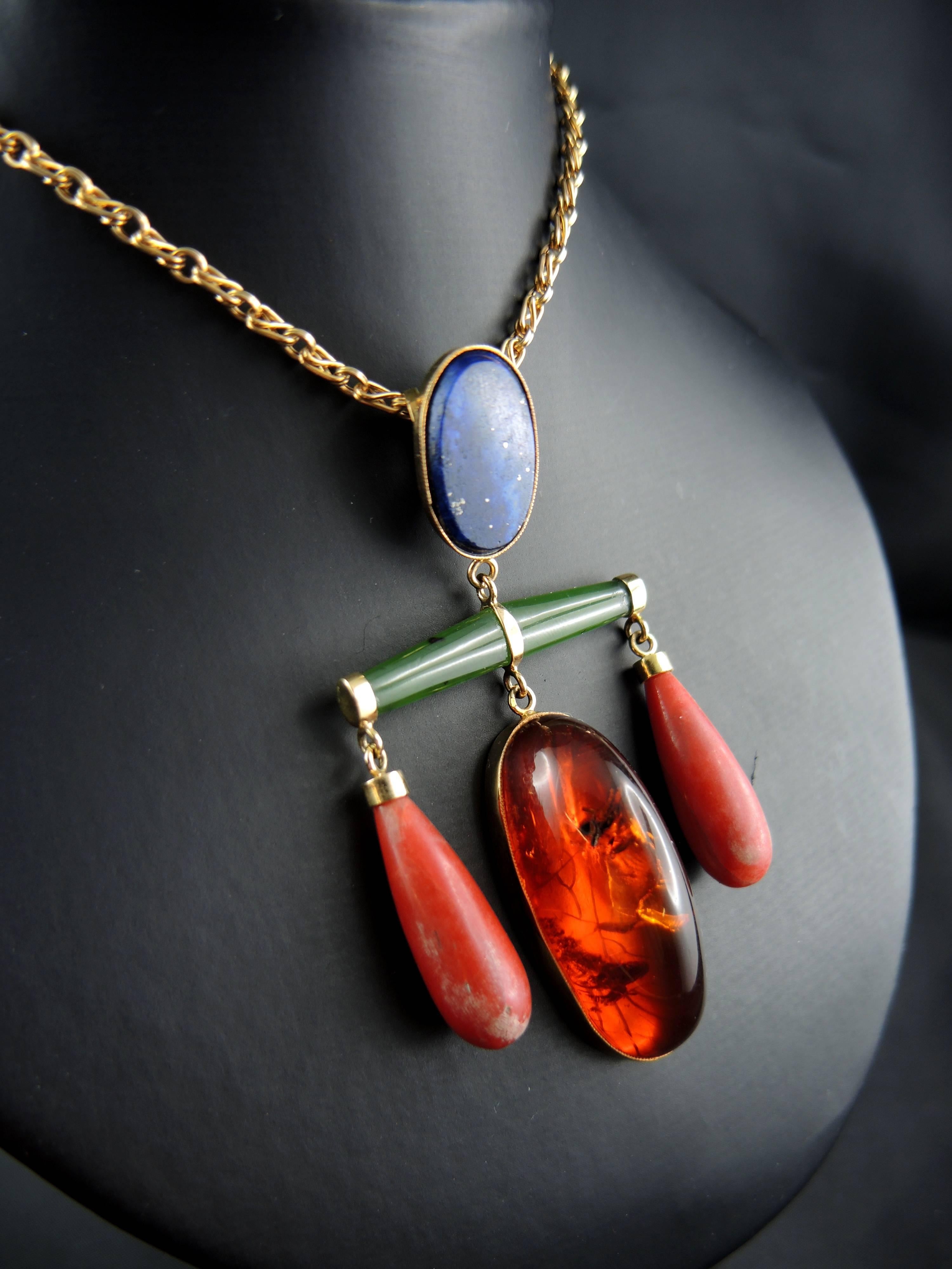 French Modernist Pendant with Lapis Lazuli, Amber, Coral and Jade, circa 1960 1