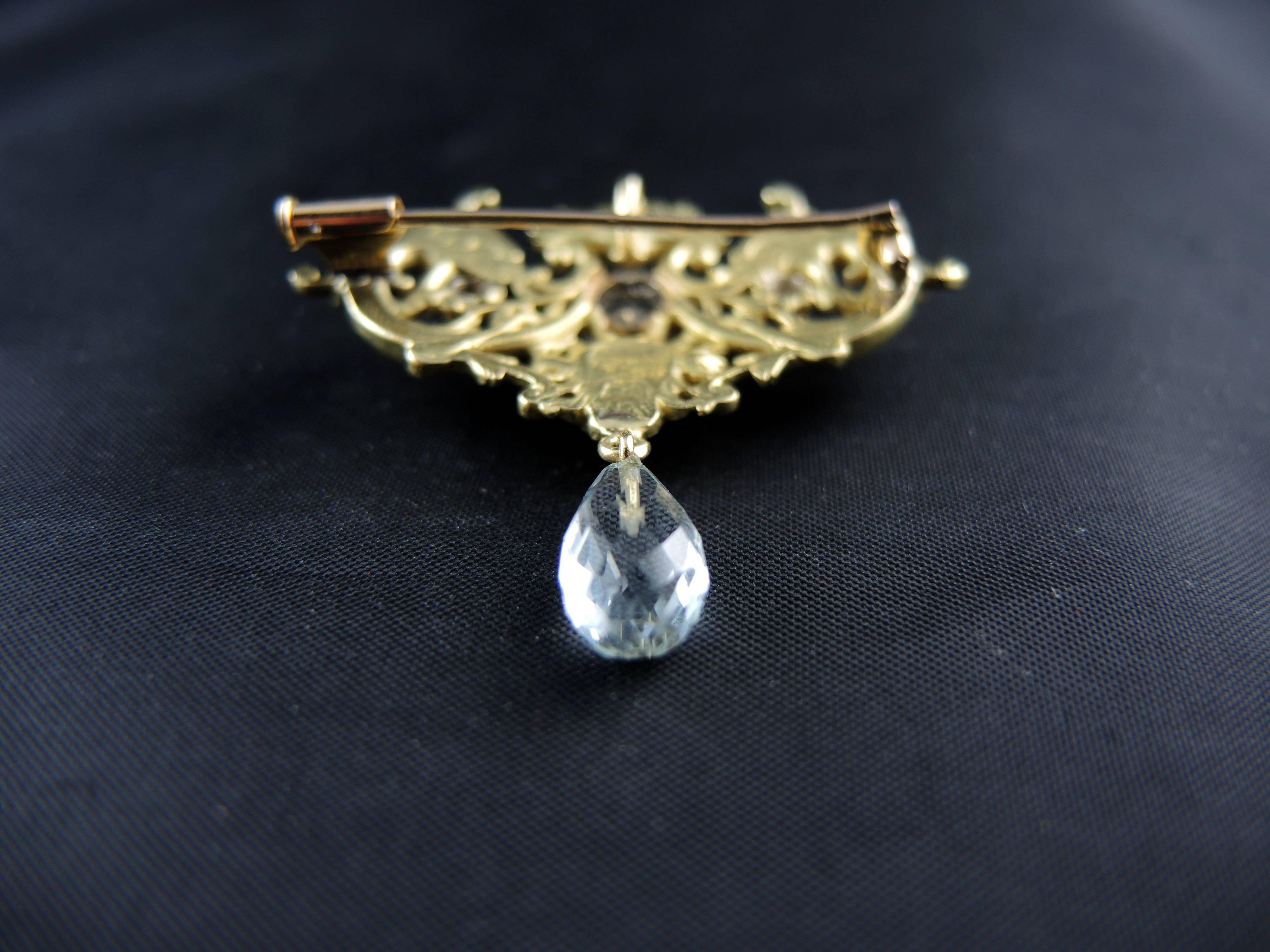 Women's or Men's Antique Gold Brooch with Diamonds and Aquamarine, 19th Century