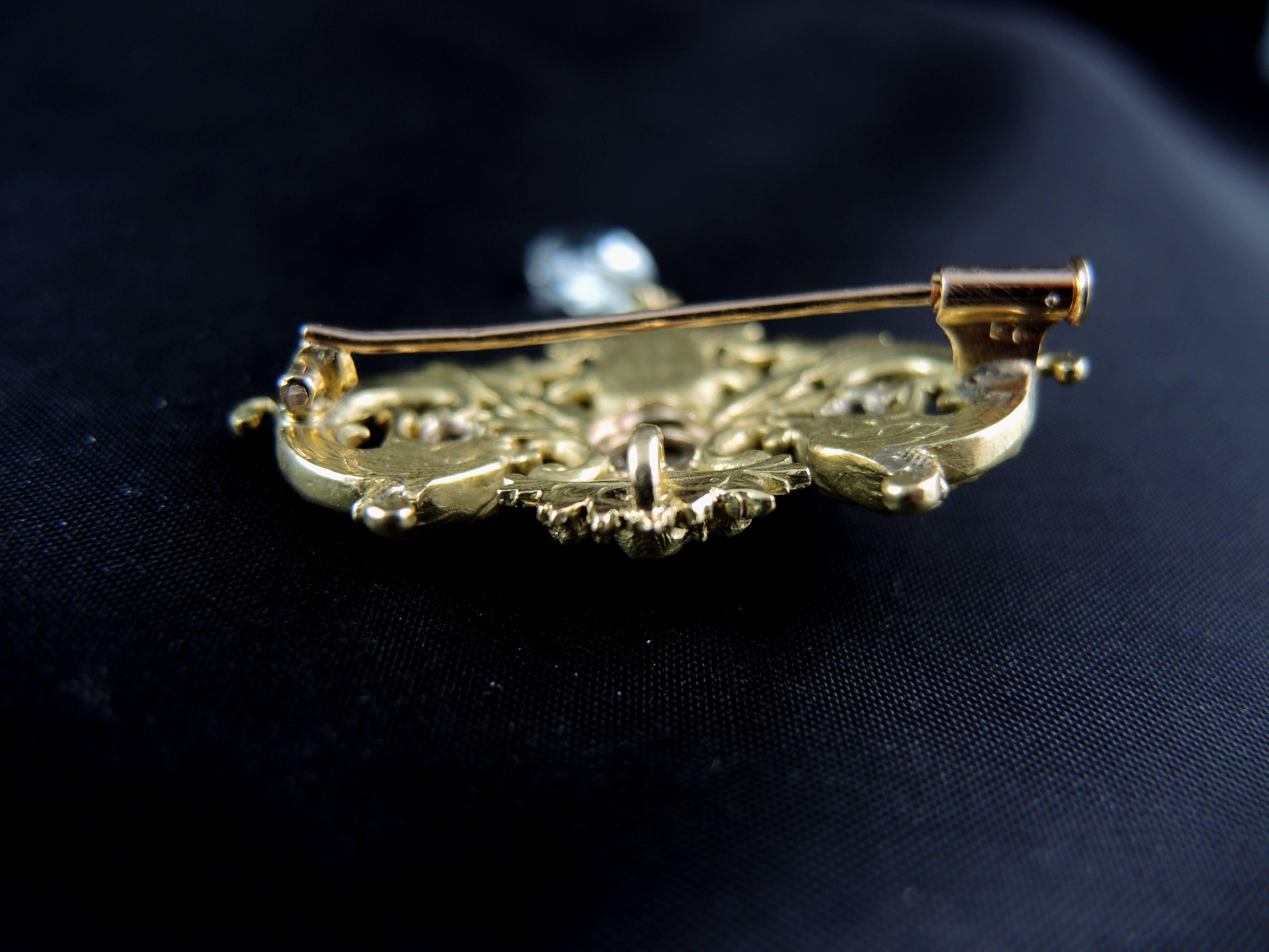 Antique Gold Brooch with Diamonds and Aquamarine, 19th Century 1