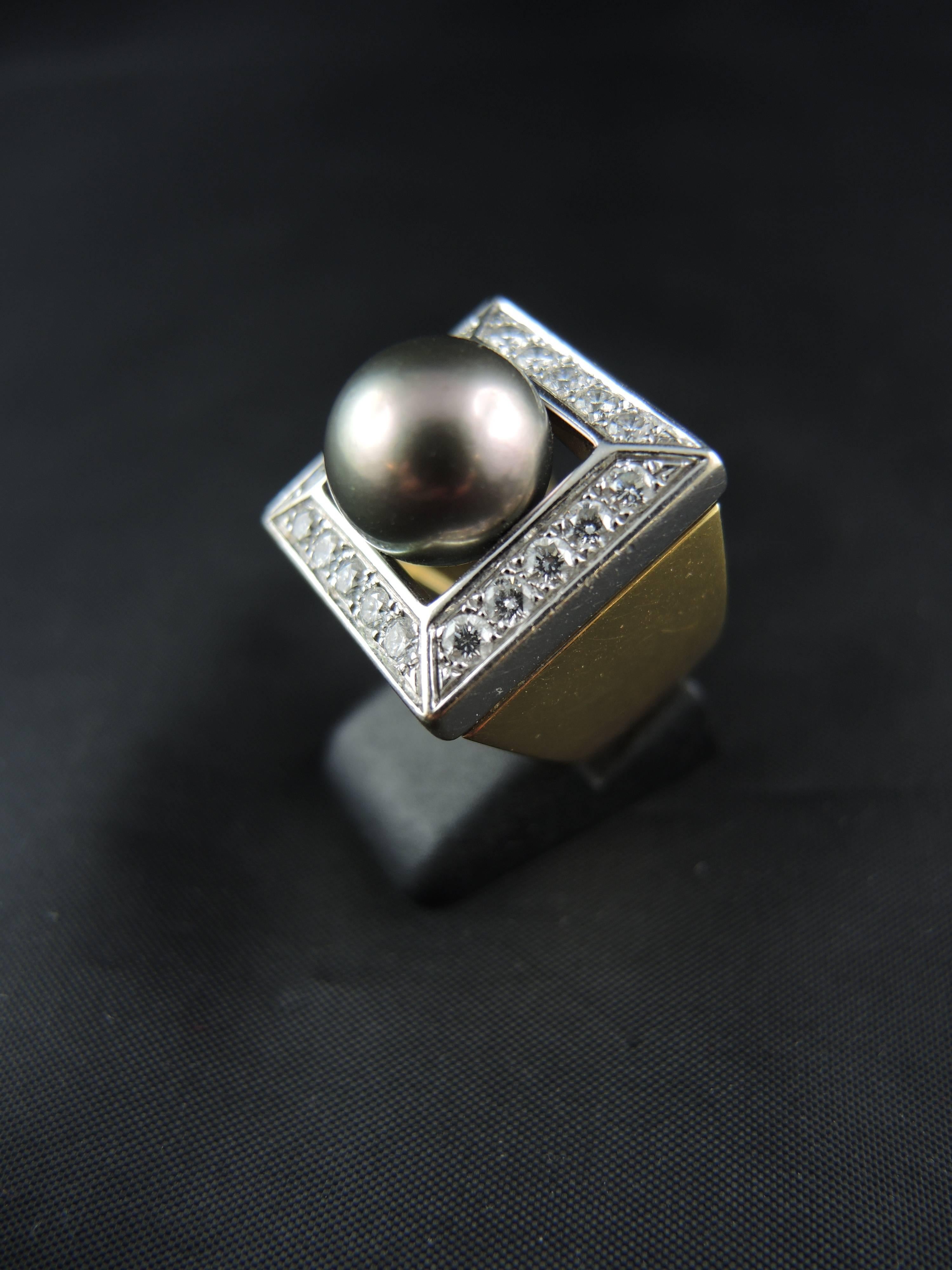 Tahitian Black Pearl and Diamonds French Ring 1