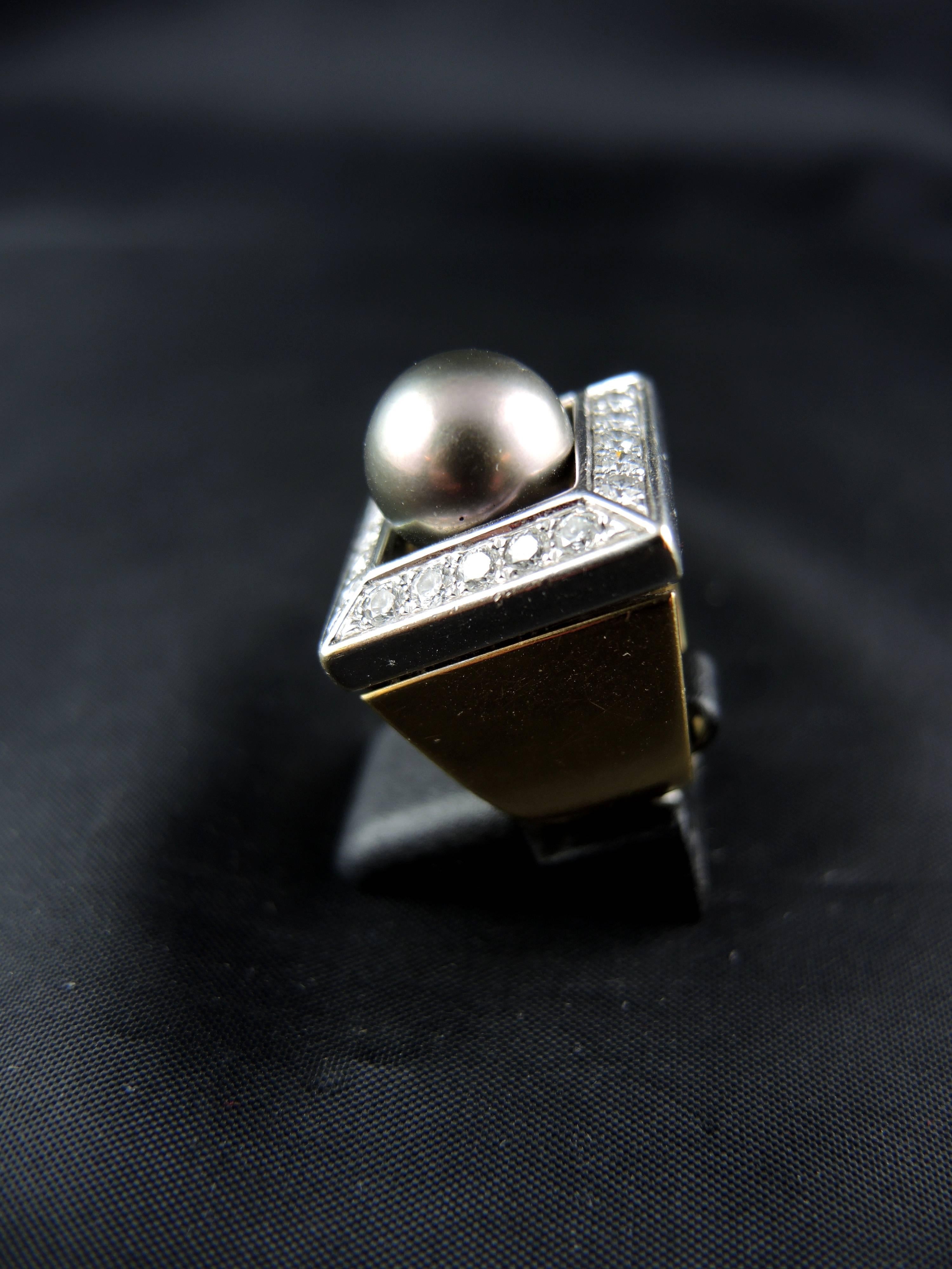 Tahitian Black Pearl and Diamonds French Ring 2