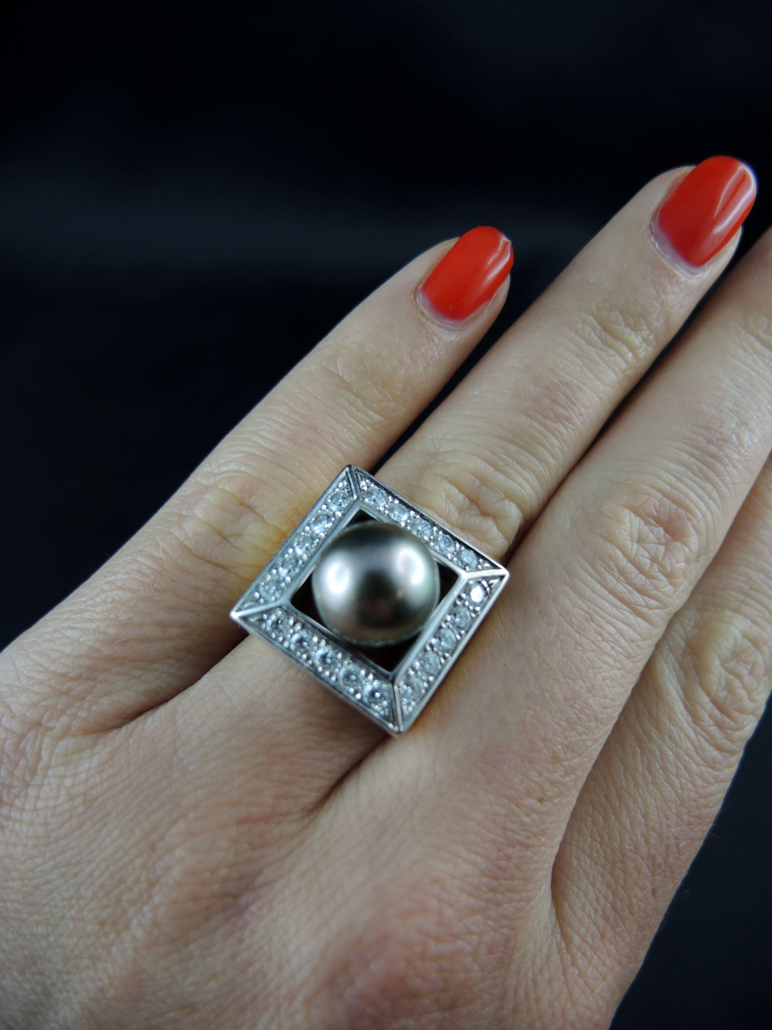 Tahitian Black Pearl and Diamonds French Ring 3