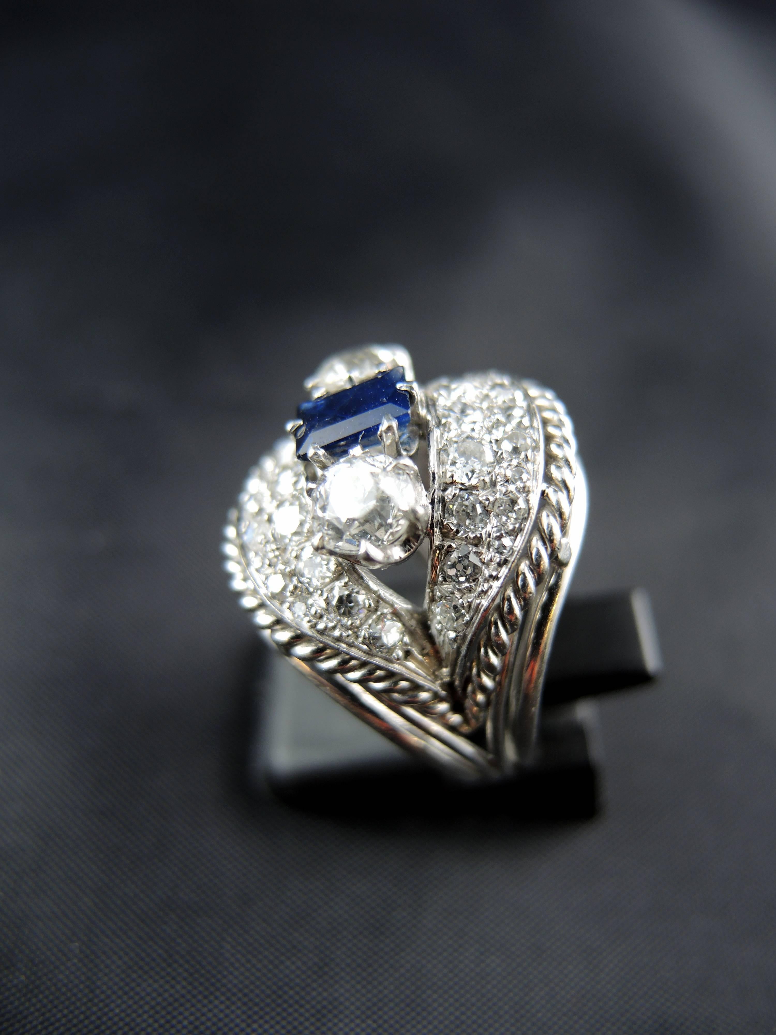1960s Gold and Platinium Vintage French Ring with Diamonds and Sapphires 1