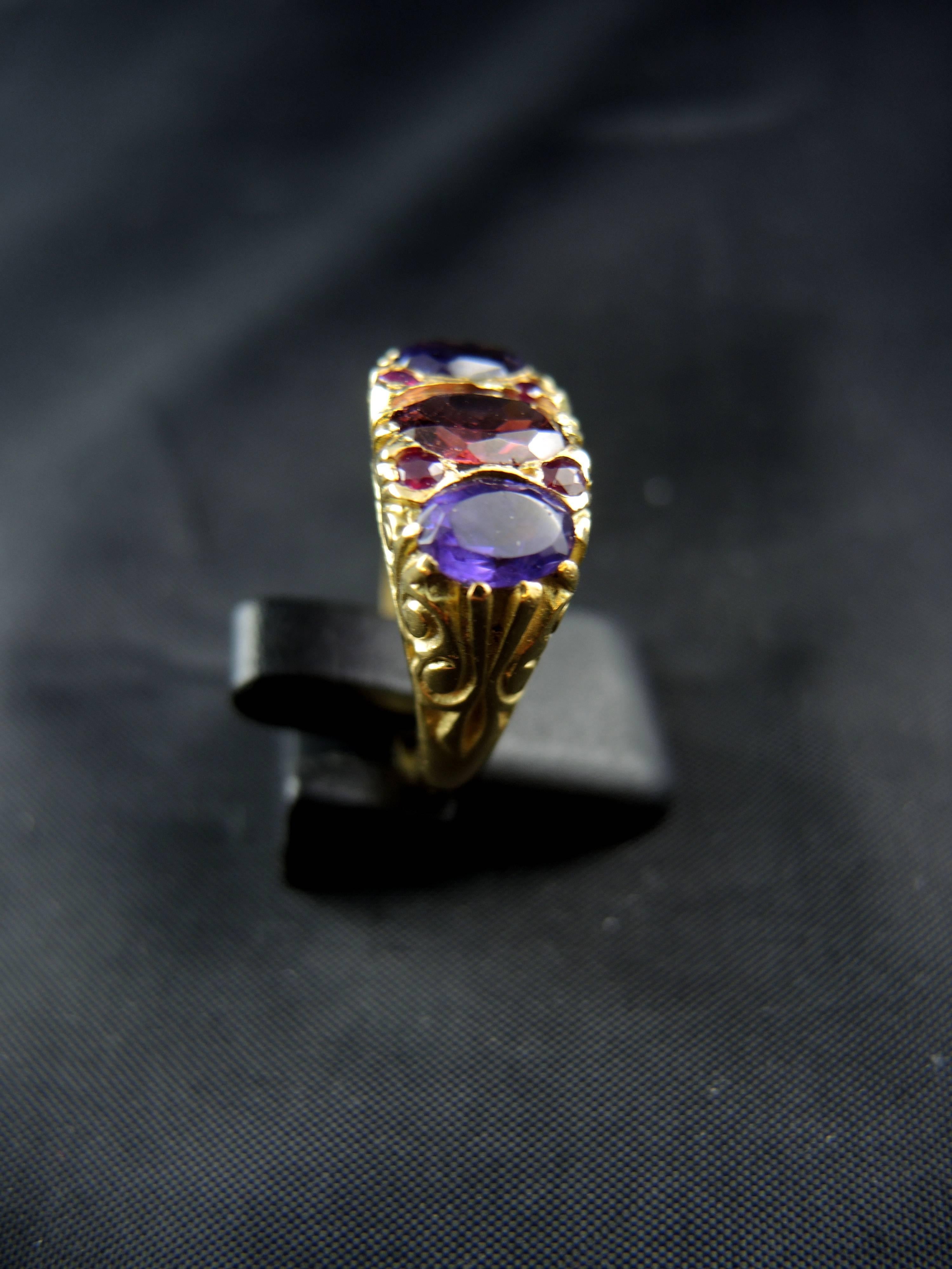 Women's Antique French Three-Stone Ring with Garnet Amethysts and Ruby, 19th Century
