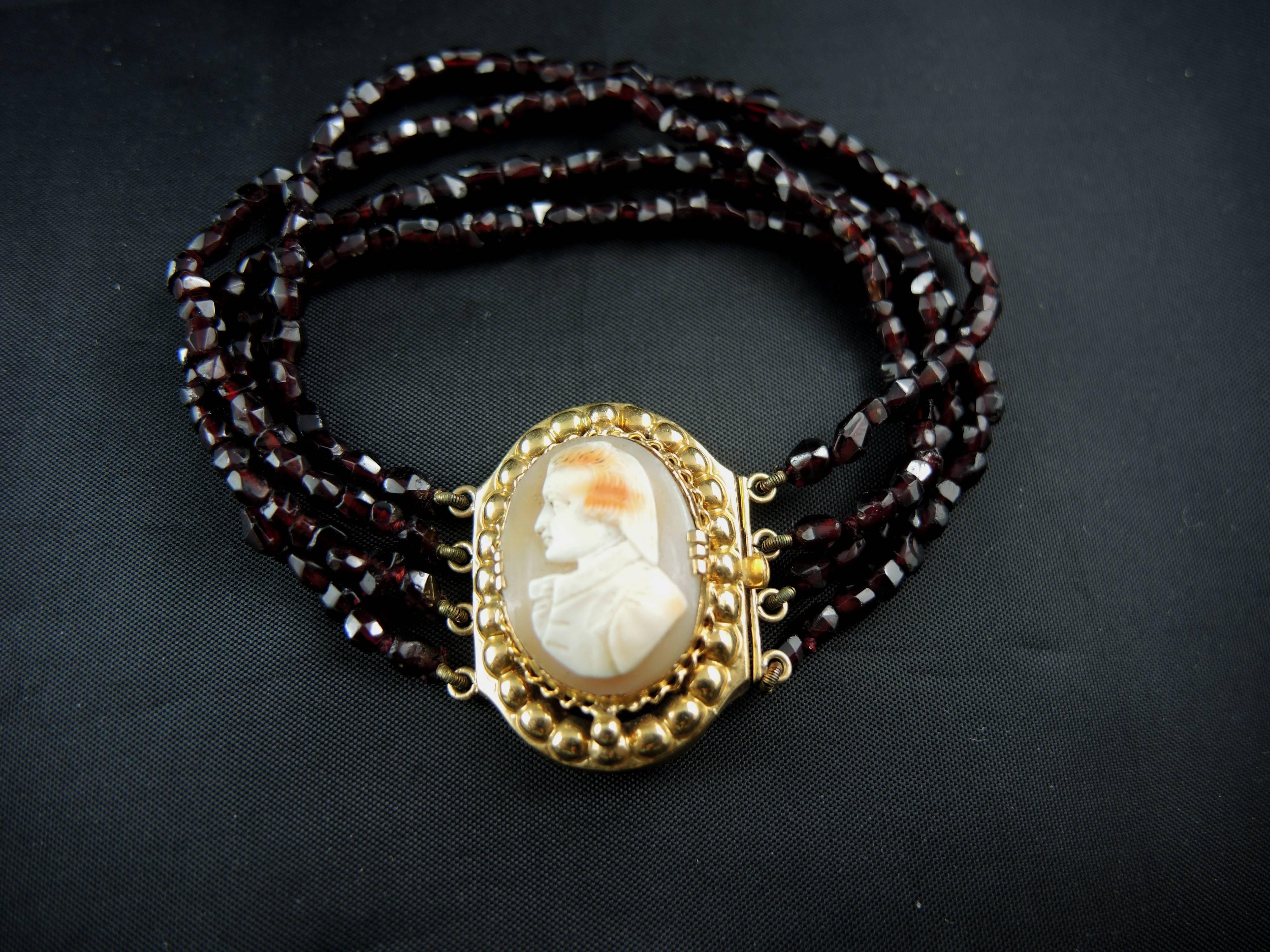 Napoleon III Antique French Gold Bracelet with Shell Cameo and Garnet Strands, 19th Century For Sale