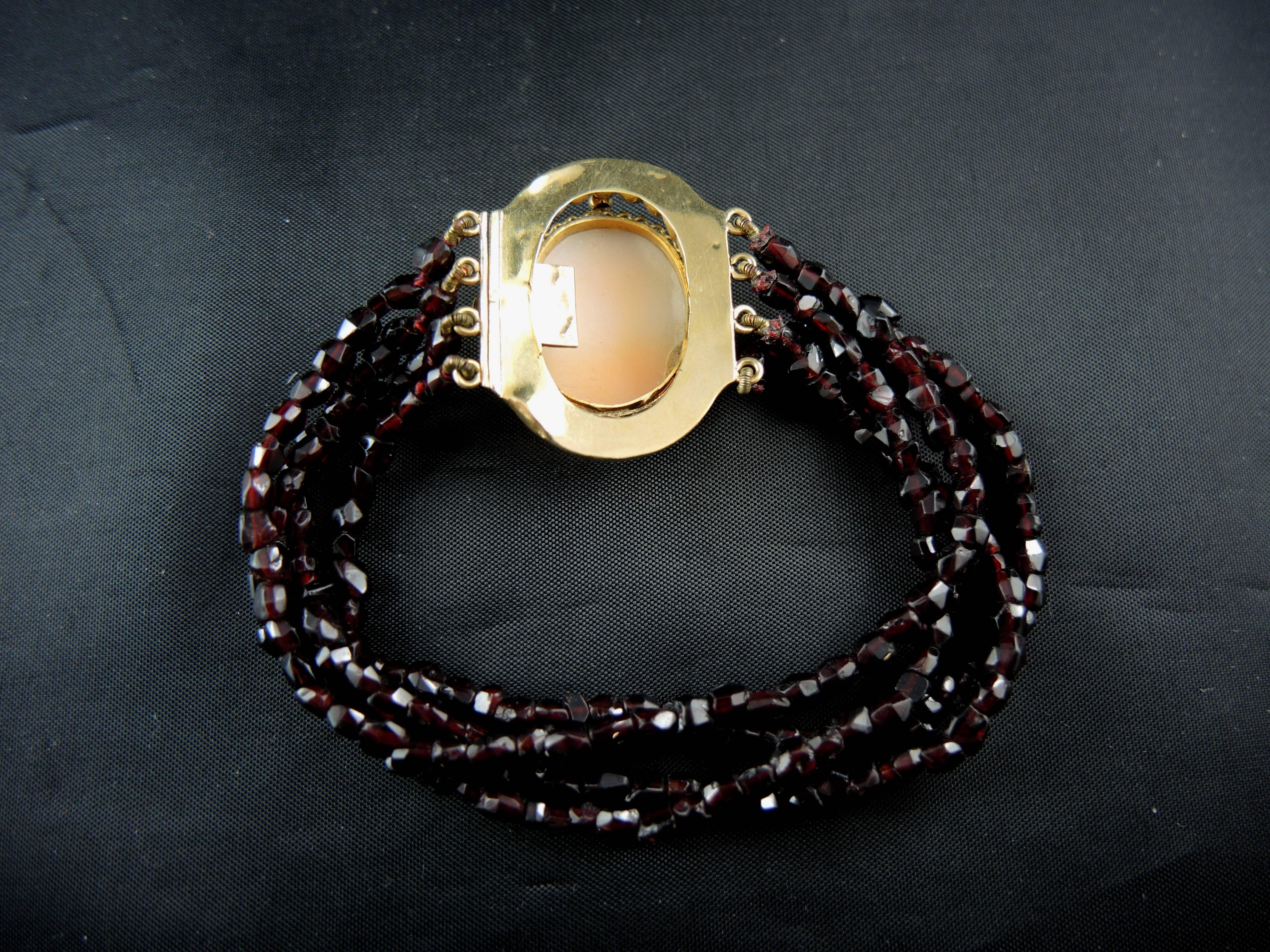 Women's or Men's Antique French Gold Bracelet with Shell Cameo and Garnet Strands, 19th Century For Sale