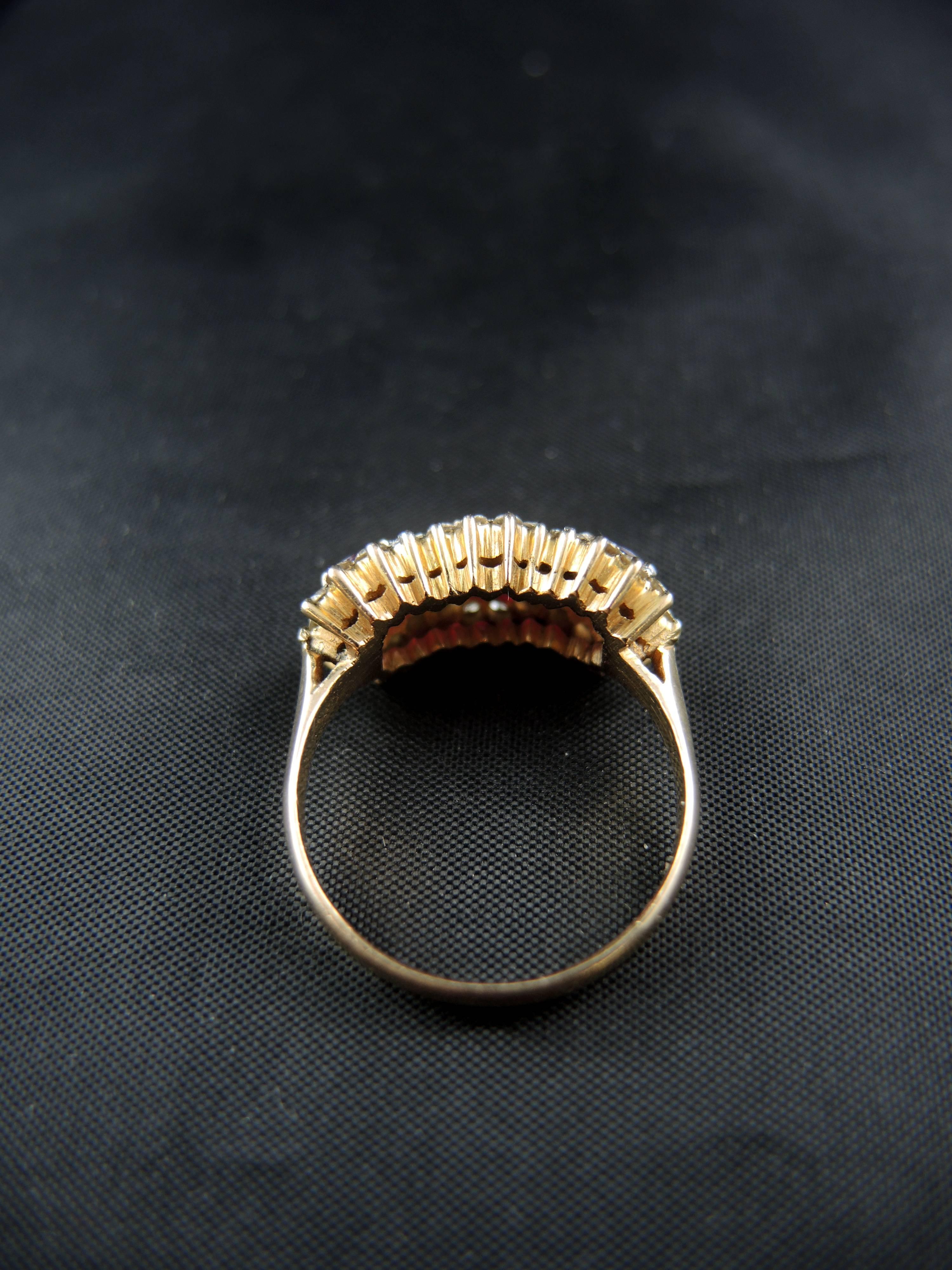 Three-Stone Ring with Rubies and Diamonds, 14 Karat Gold For Sale 1