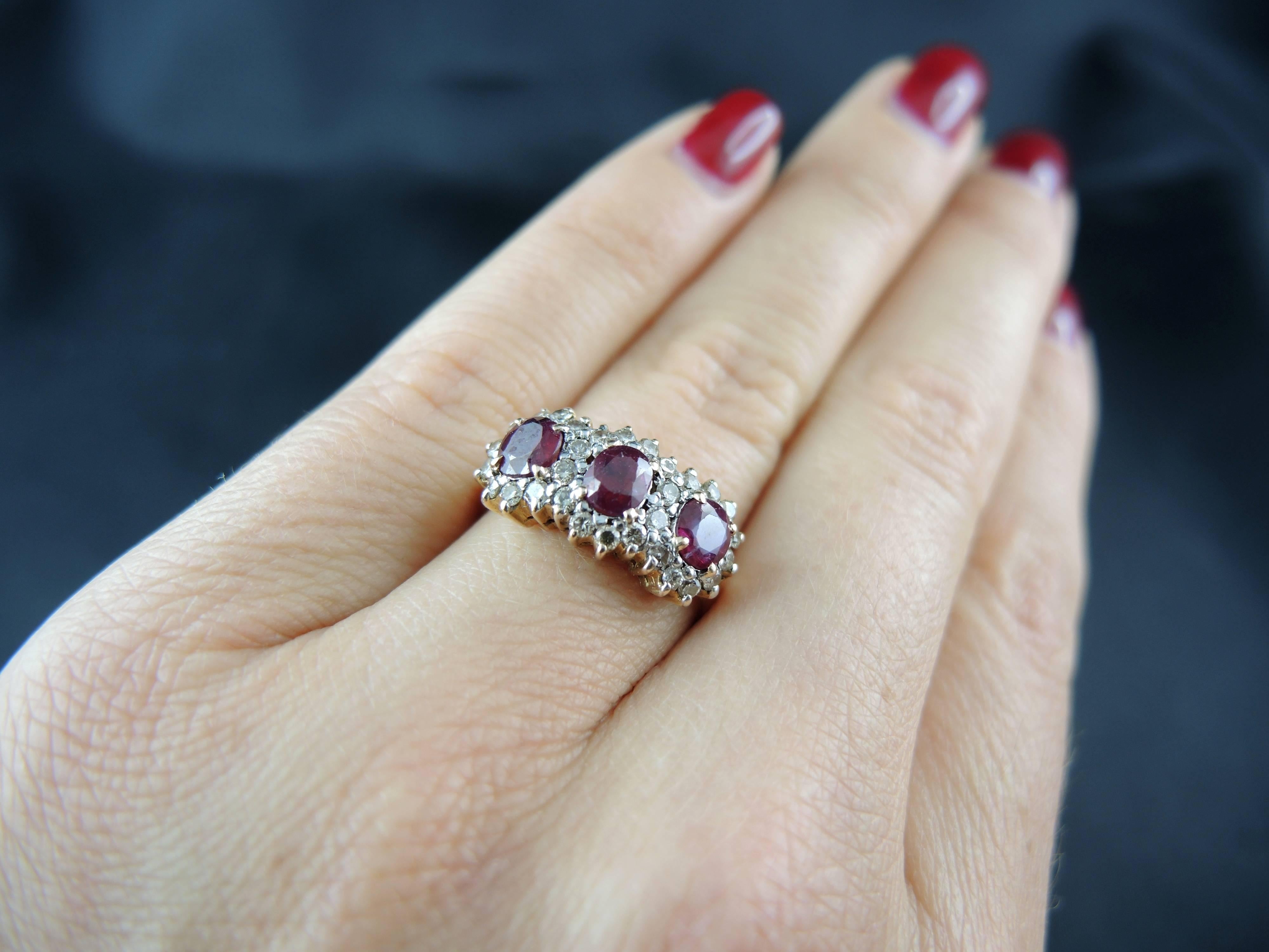 Three-Stone Ring with Rubies and Diamonds, 14 Karat Gold For Sale 2