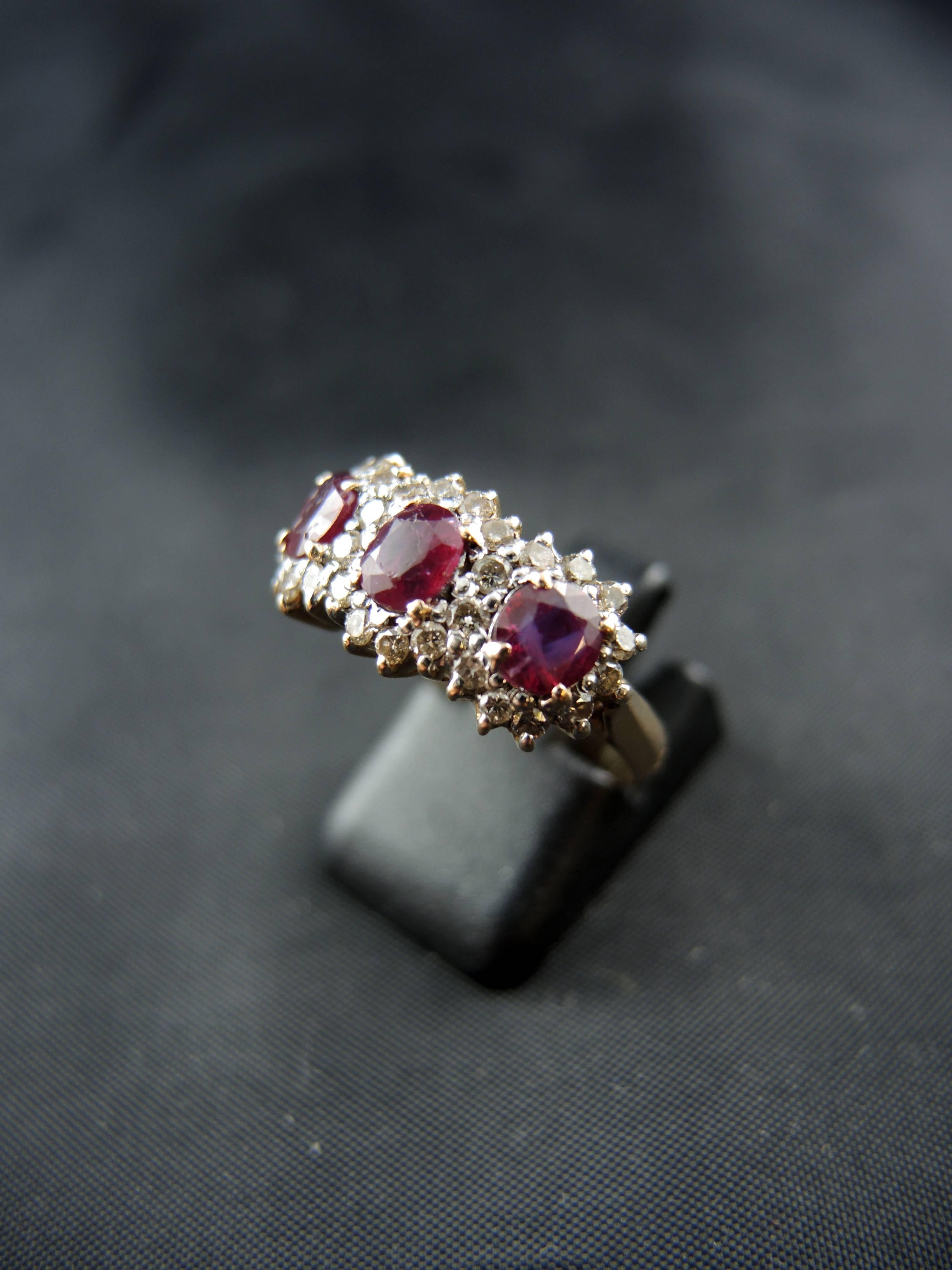 Women's Three-Stone Ring with Rubies and Diamonds, 14 Karat Gold For Sale