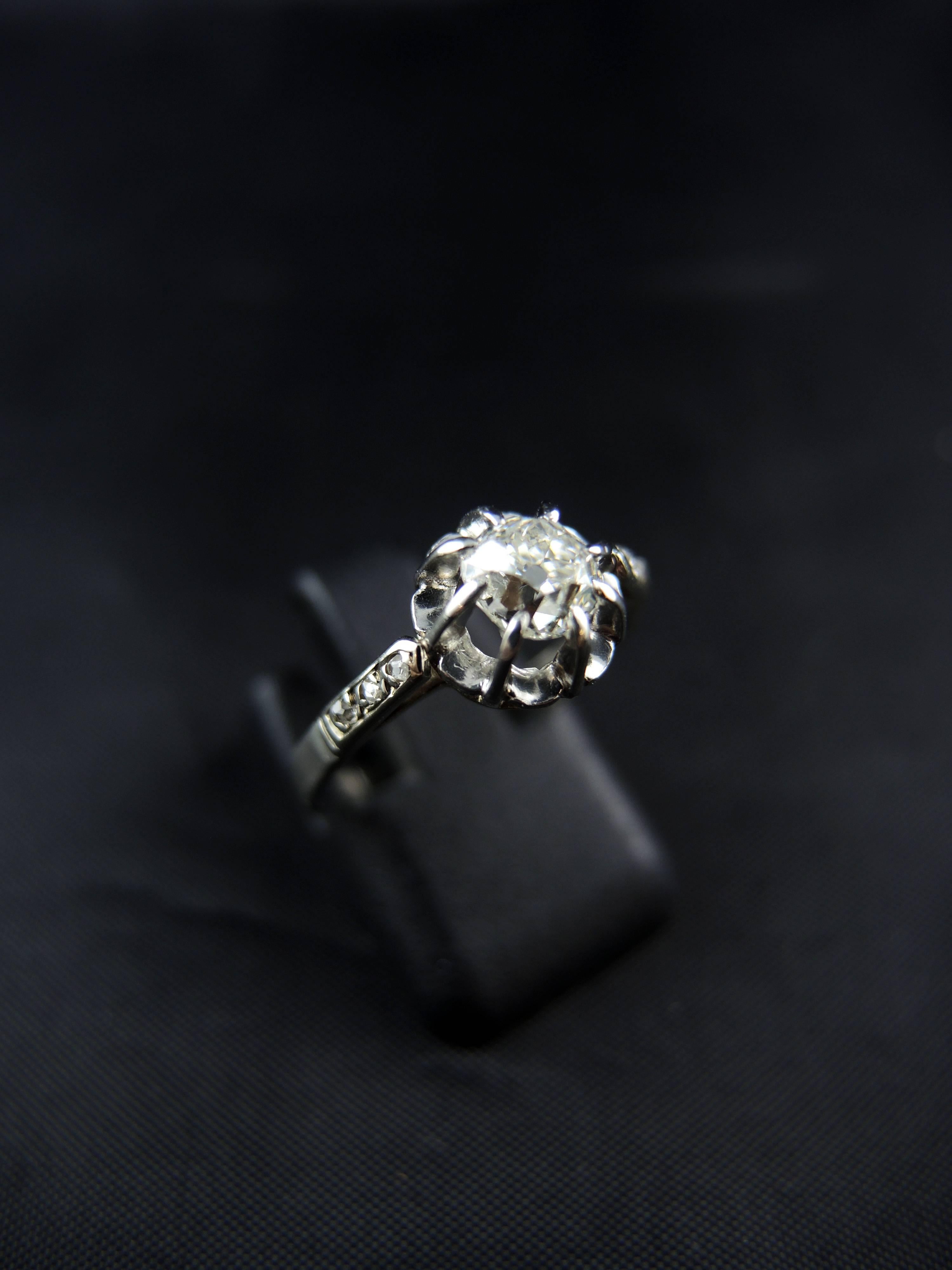 Rose Cut Art Deco Diamond White Gold Platinum Solitaire Ring