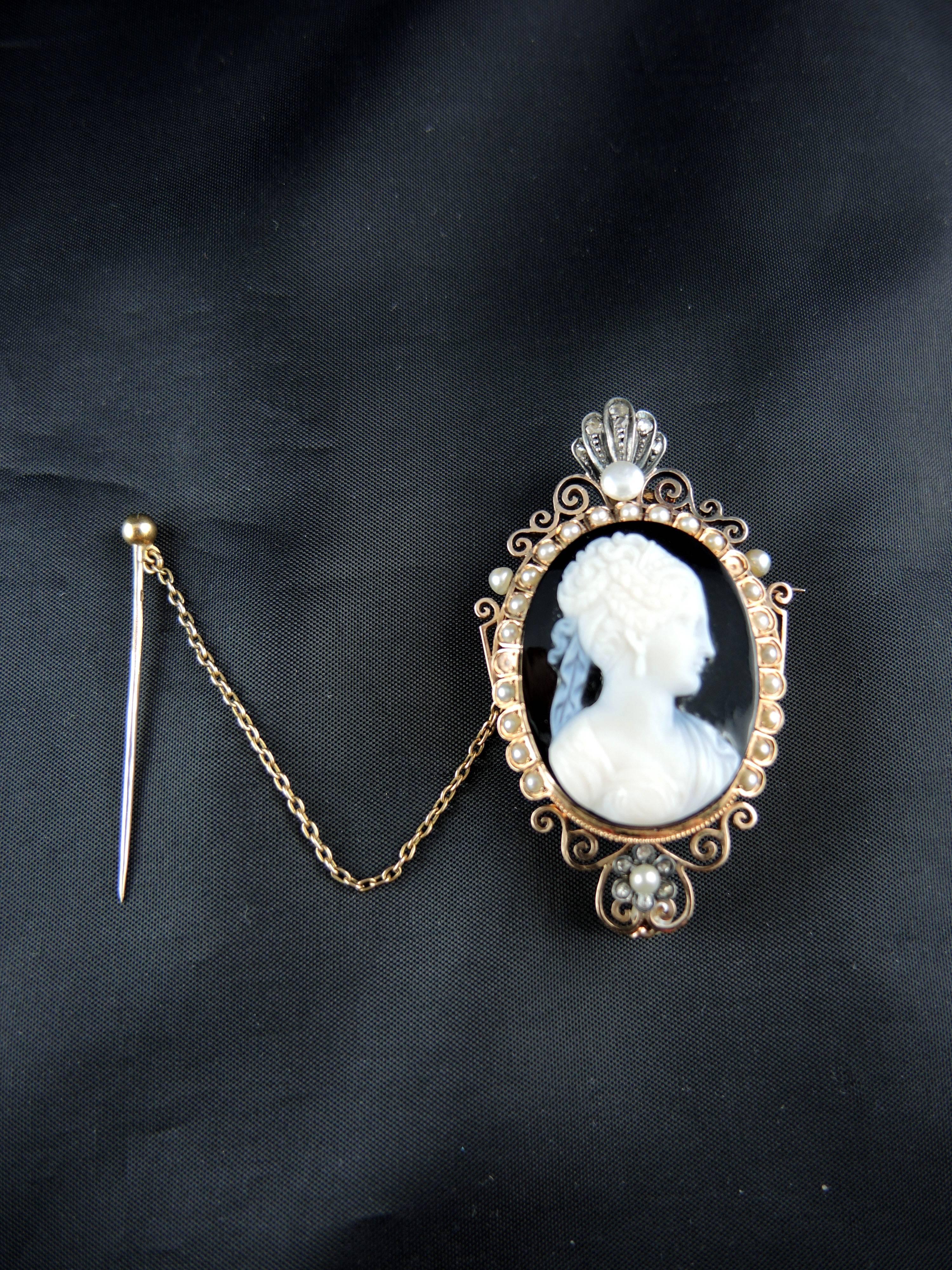 Napoleon III French Cameo Antique Brooch with Natural Pearls and Diamonds