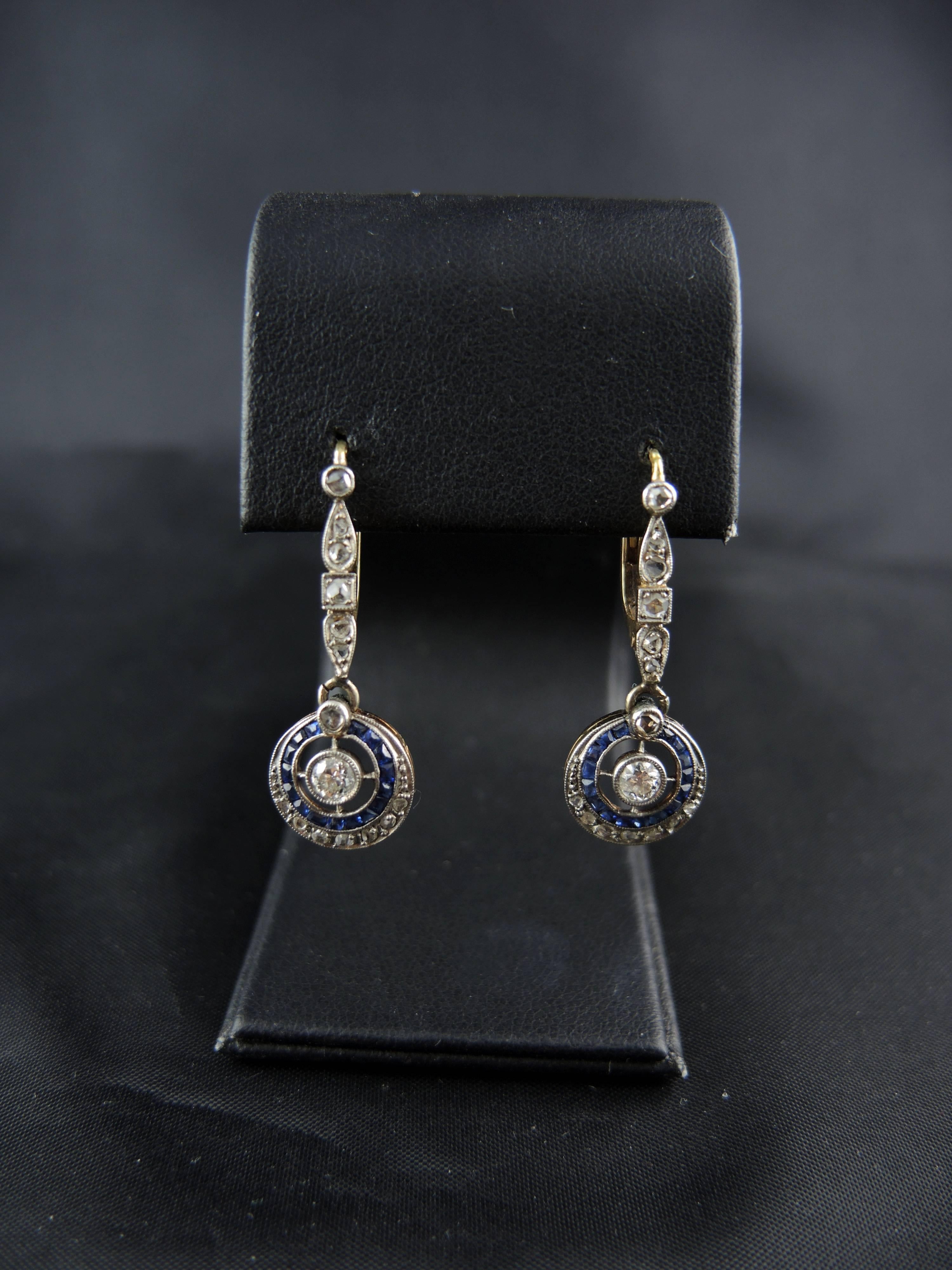 Art Deco Antique French Earrings with Diamonds and Sapphires, circa 1920 1