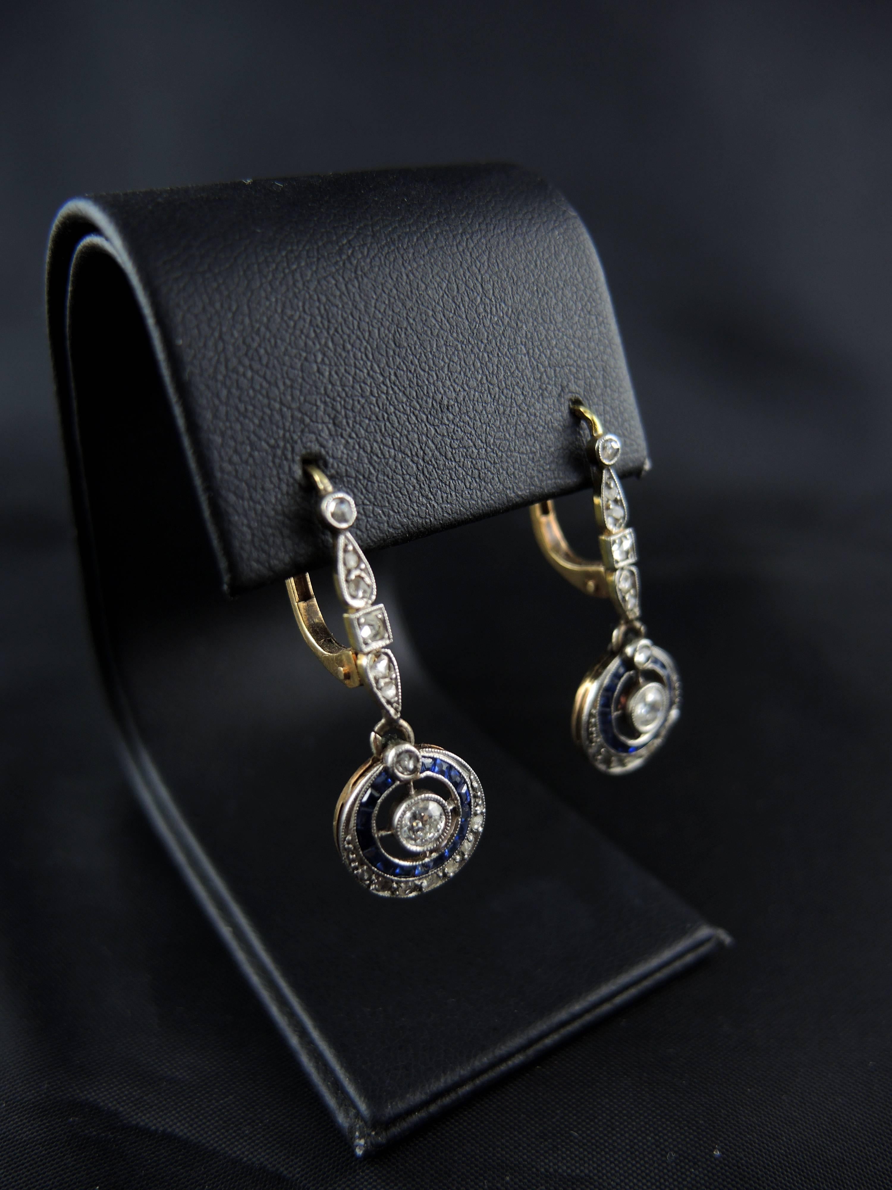 Art Deco Antique French Earrings with Diamonds and Sapphires, circa 1920 3