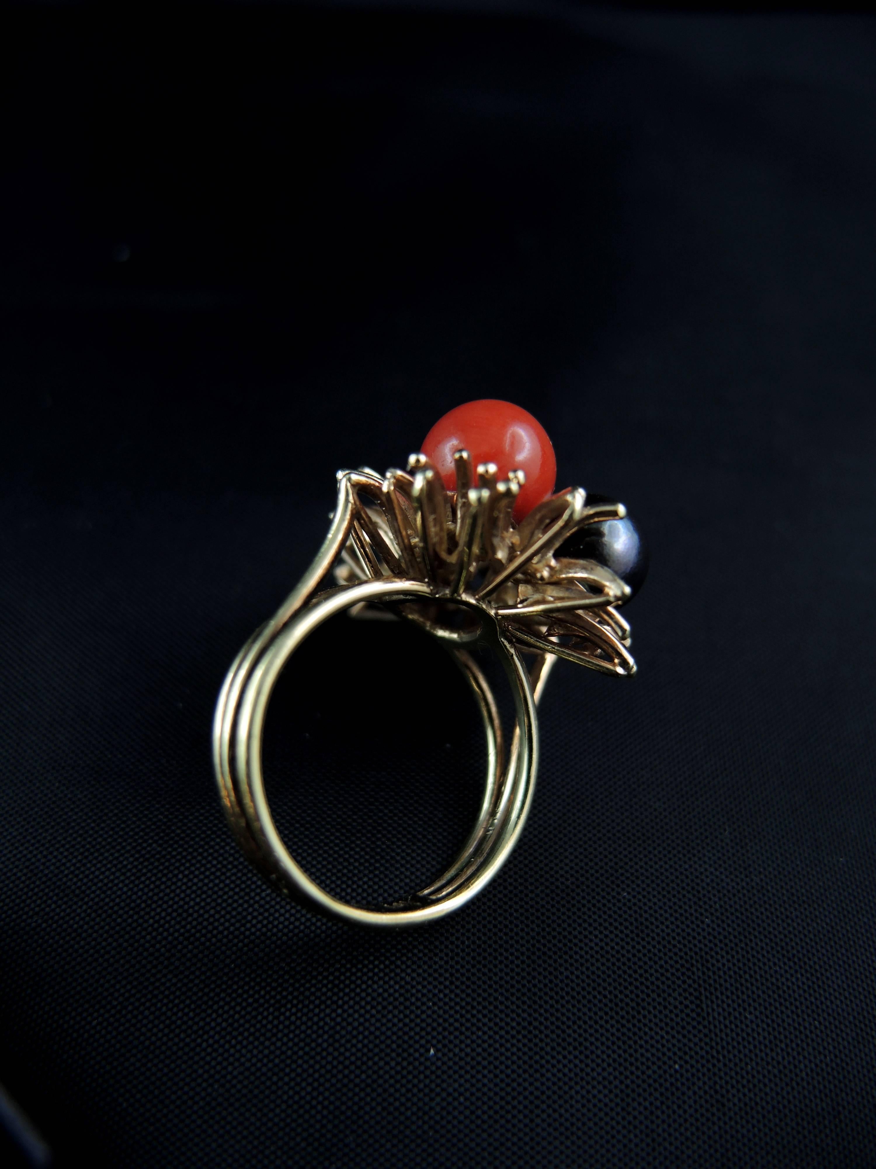 Cocktail Ring Set with Diamonds, Coral and Pearls, circa 1970 1