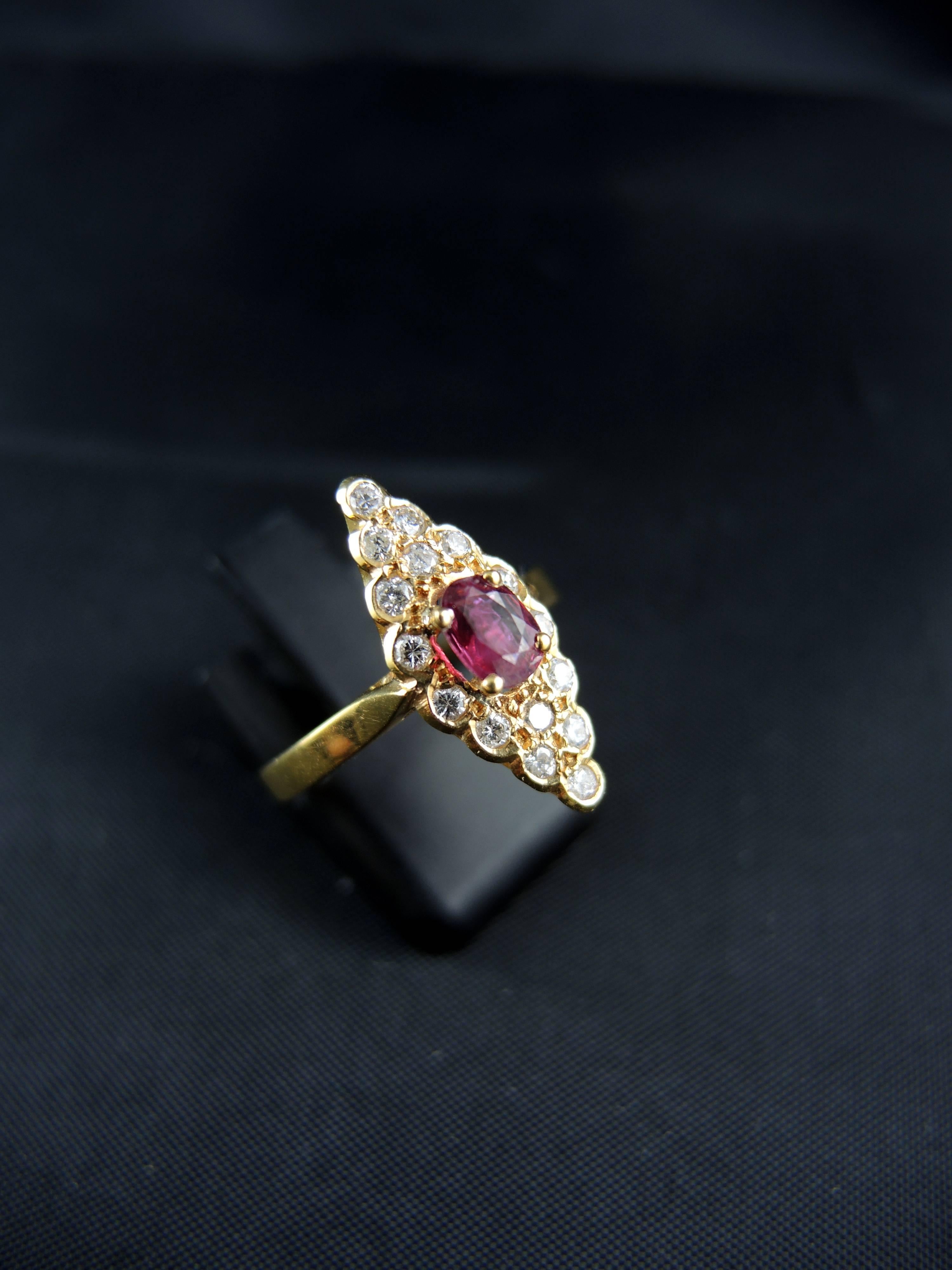 Women's French Gold Navette Ring with Ruby and Diamonds, circa 1980 For Sale