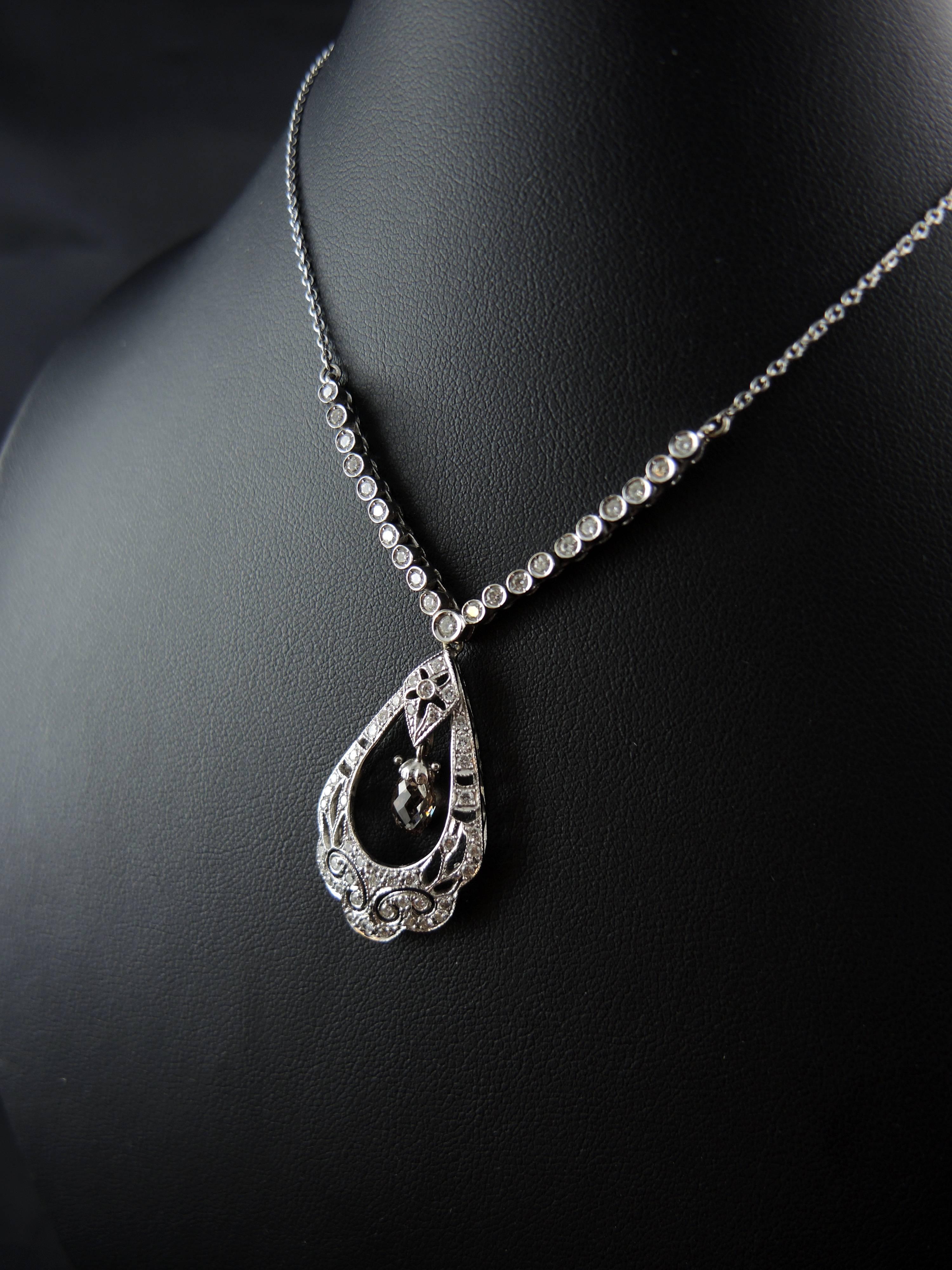 French White Gold Necklace with White and Cognac Diamonds For Sale 1
