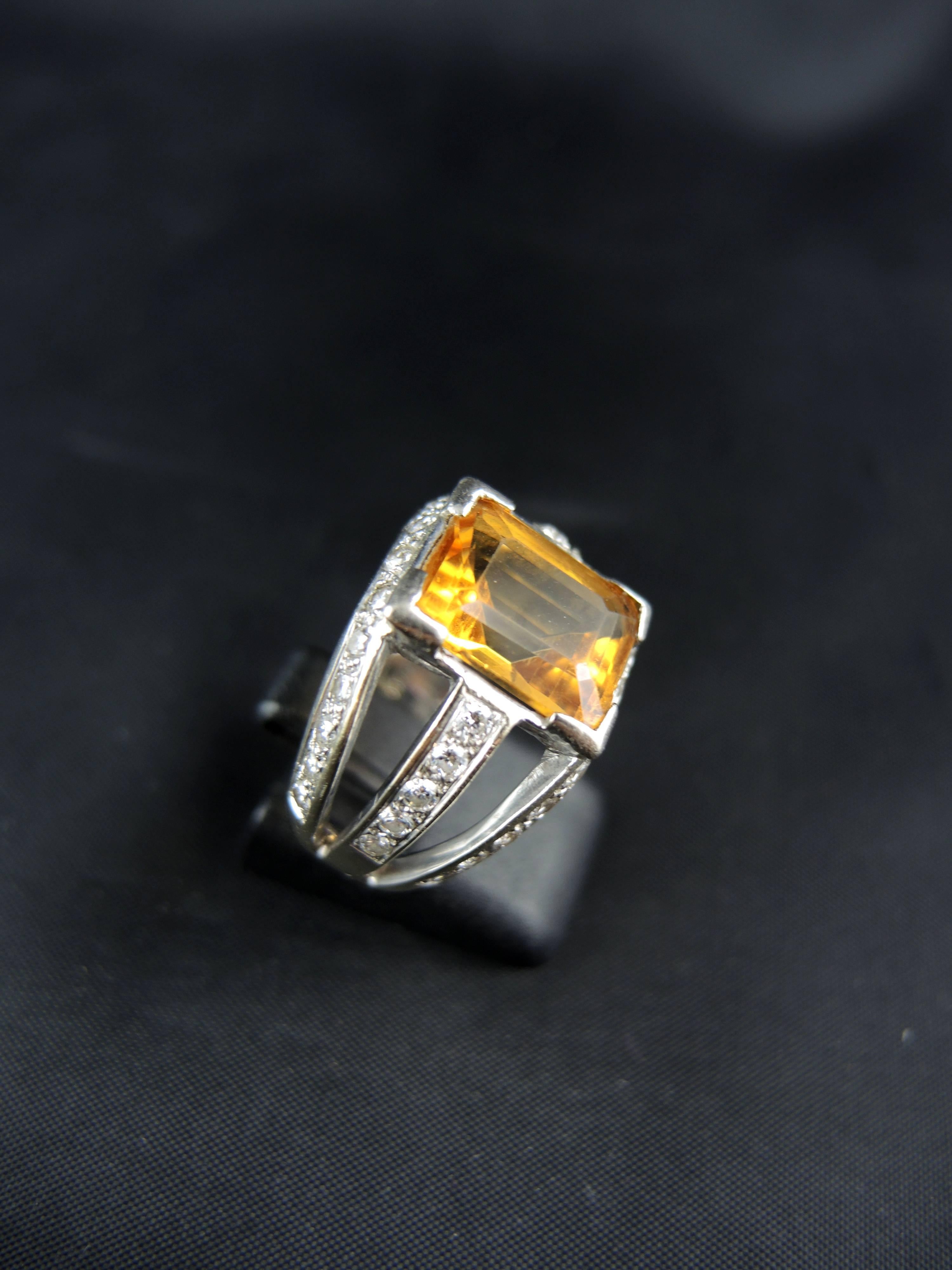 Women's French White Gold Citrine, and Diamonds Ring For Sale