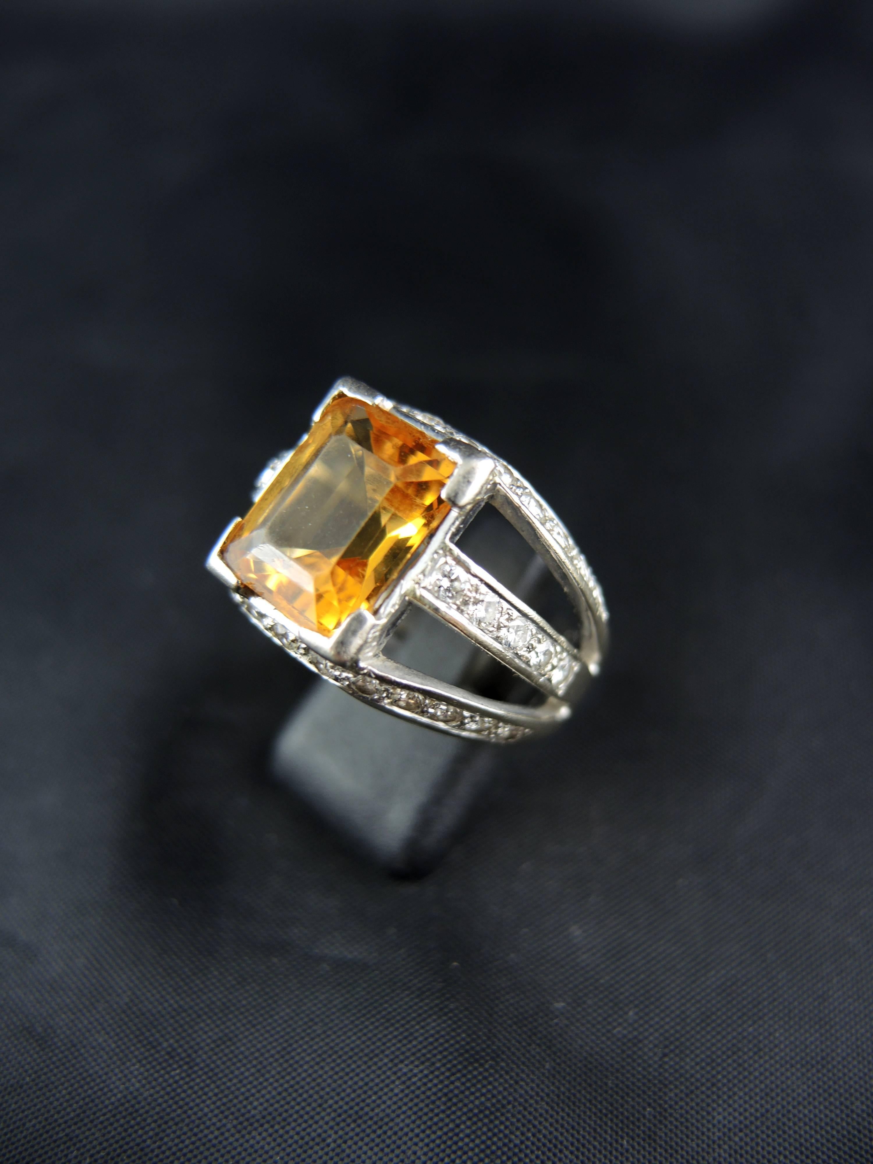 French White Gold Citrine, and Diamonds Ring For Sale 1