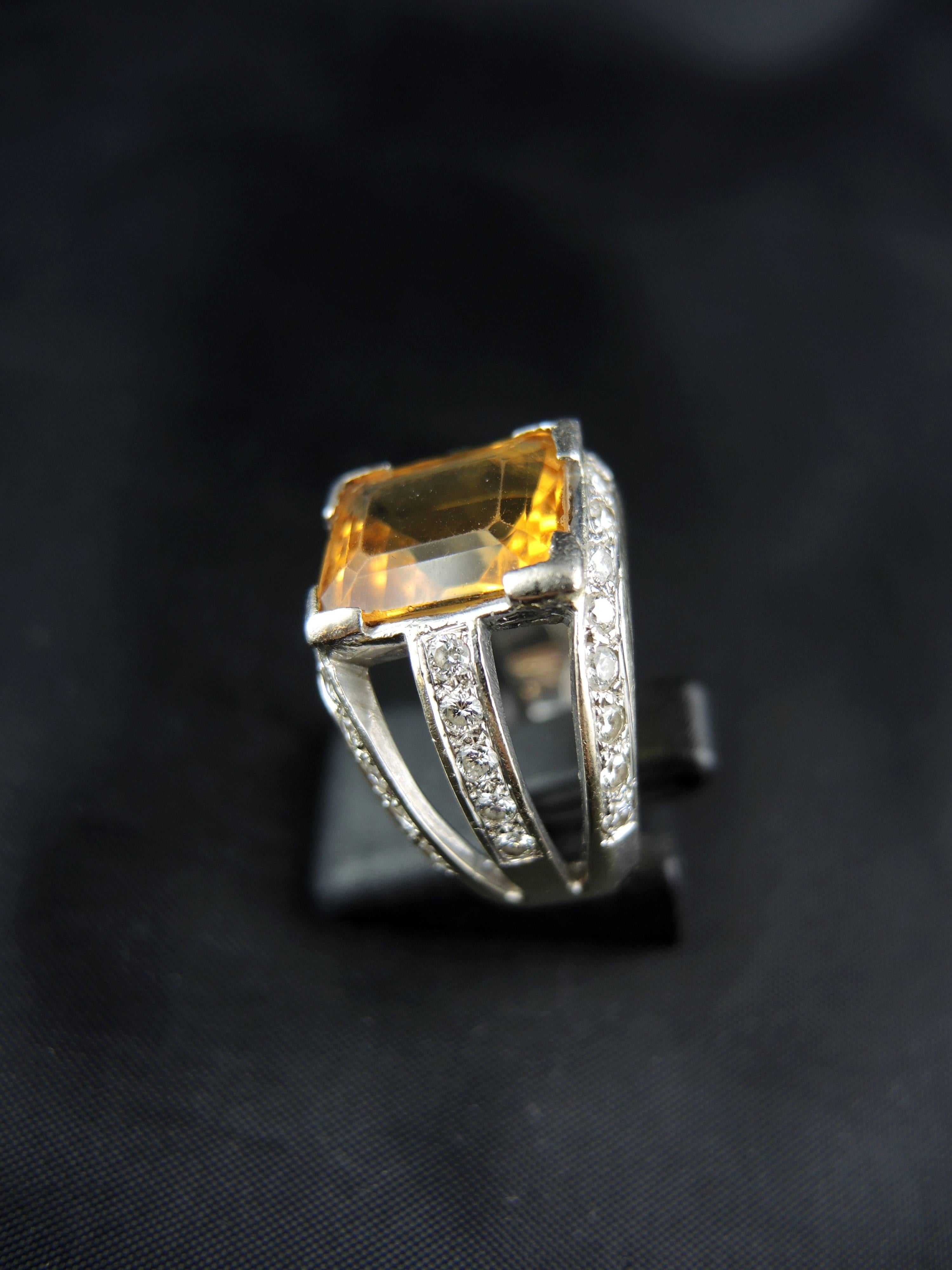 French White Gold Citrine, and Diamonds Ring For Sale 2