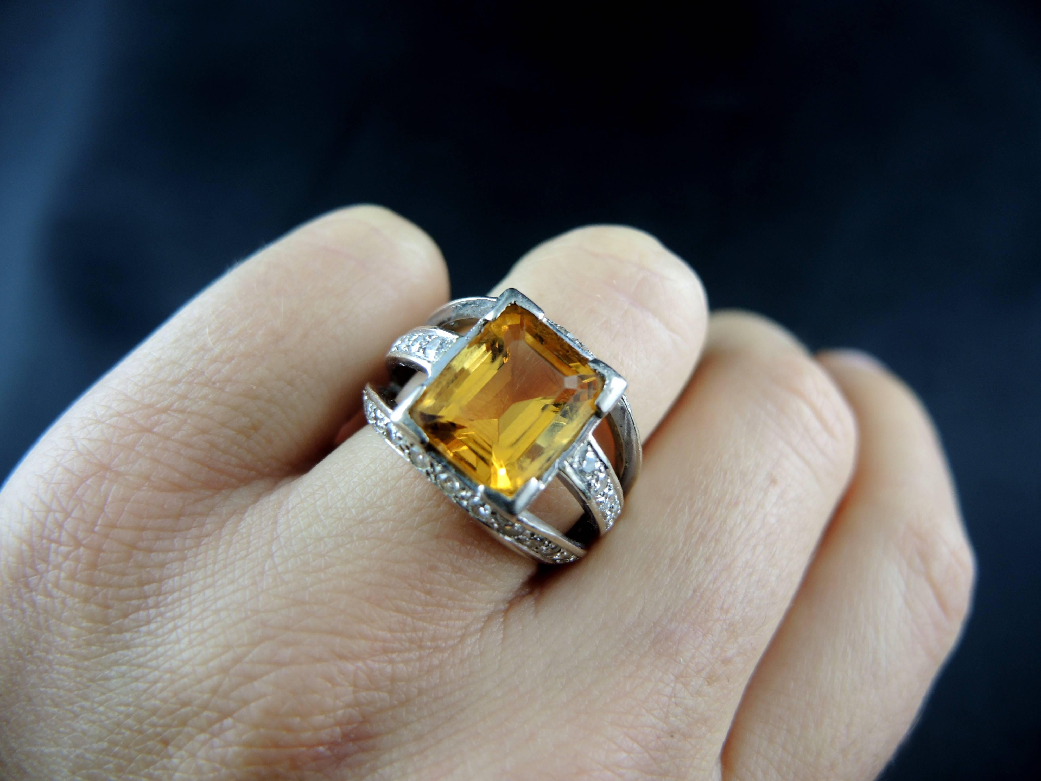 French White Gold Citrine, and Diamonds Ring For Sale 3