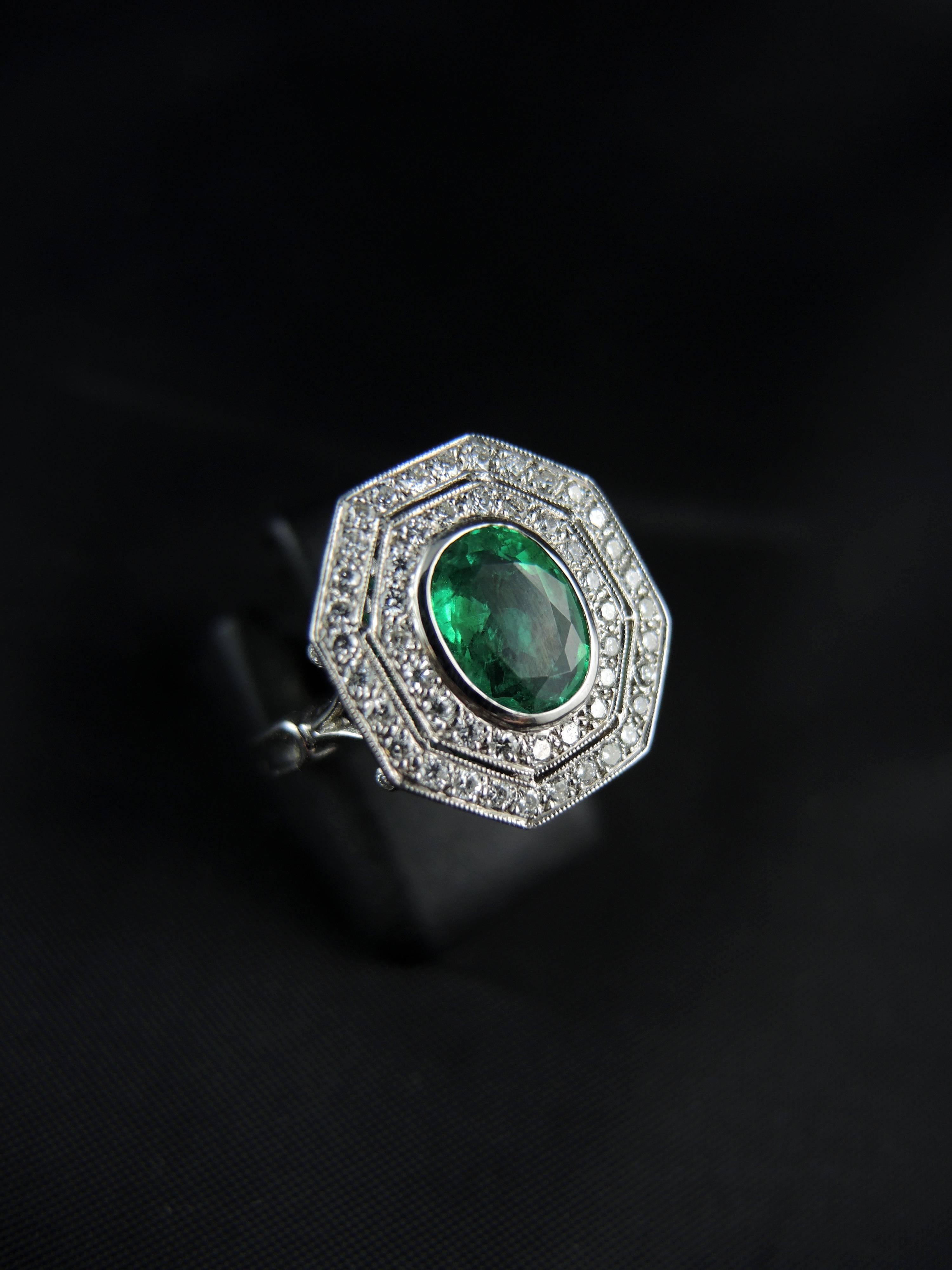 Art Deco French Emerald Diamond Engagement Cluster Ring 