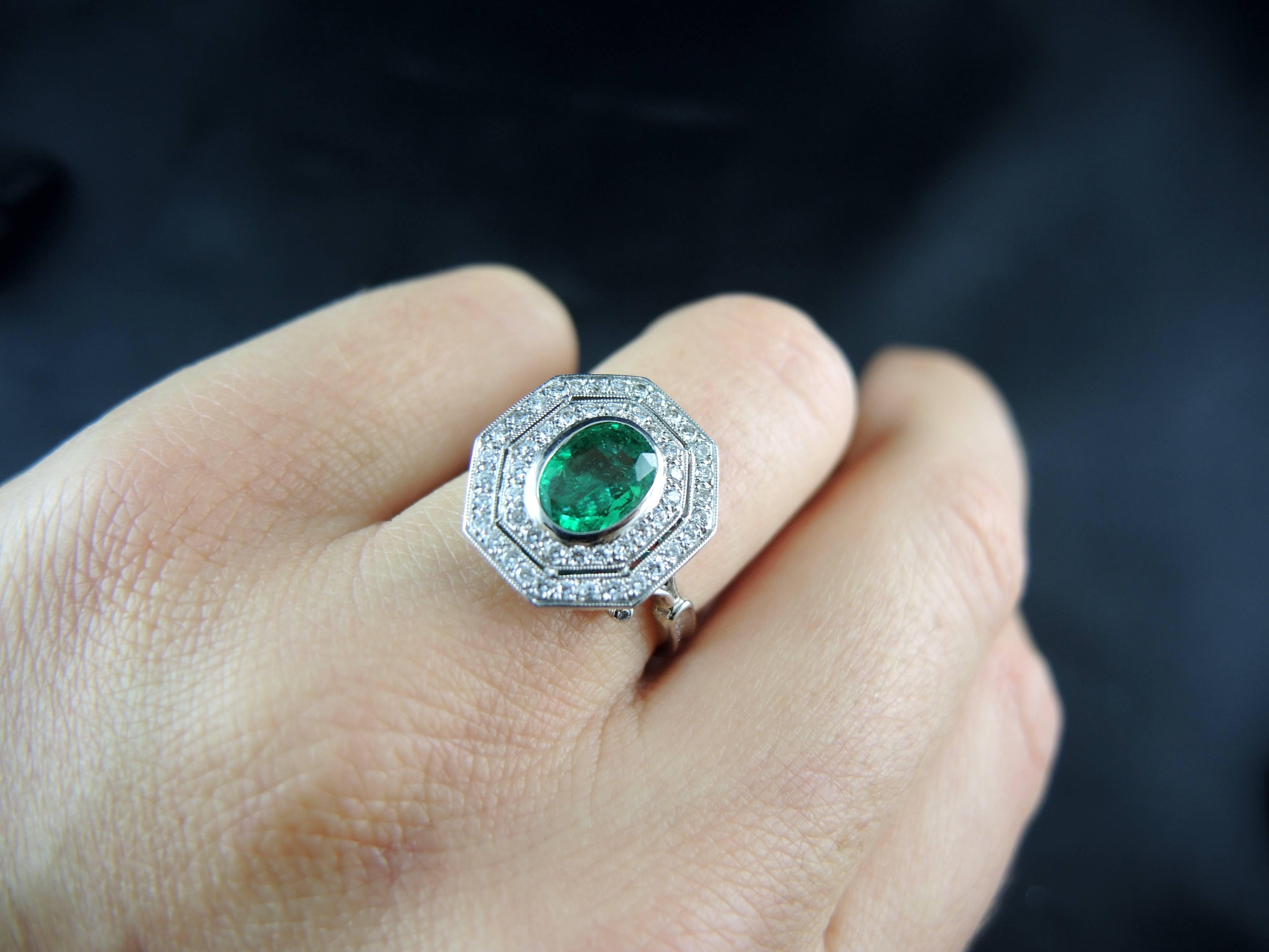 French Emerald Diamond Engagement Cluster Ring  2