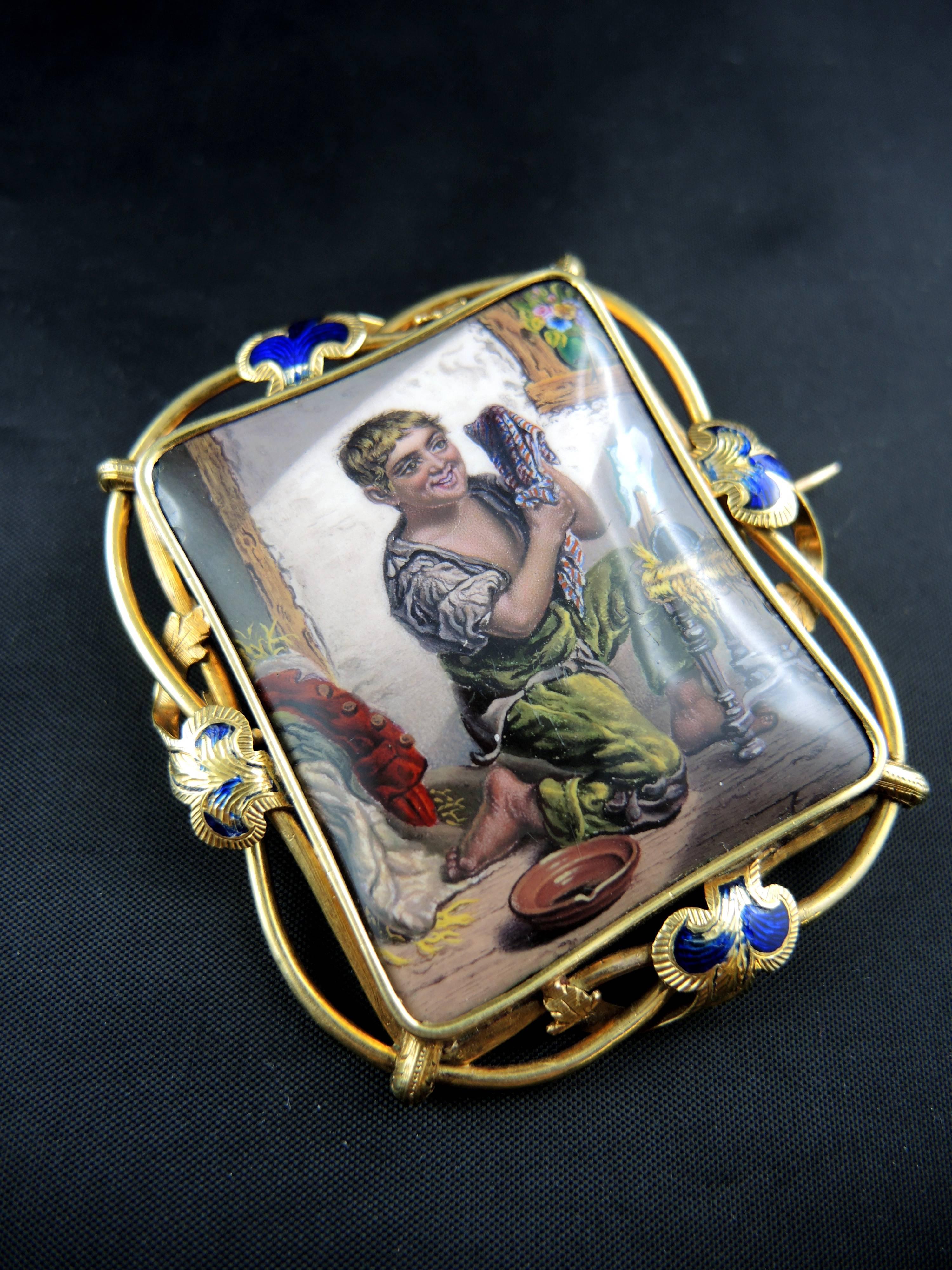 Women's or Men's Miniature Antique Gold Brooch with Enamel For Sale