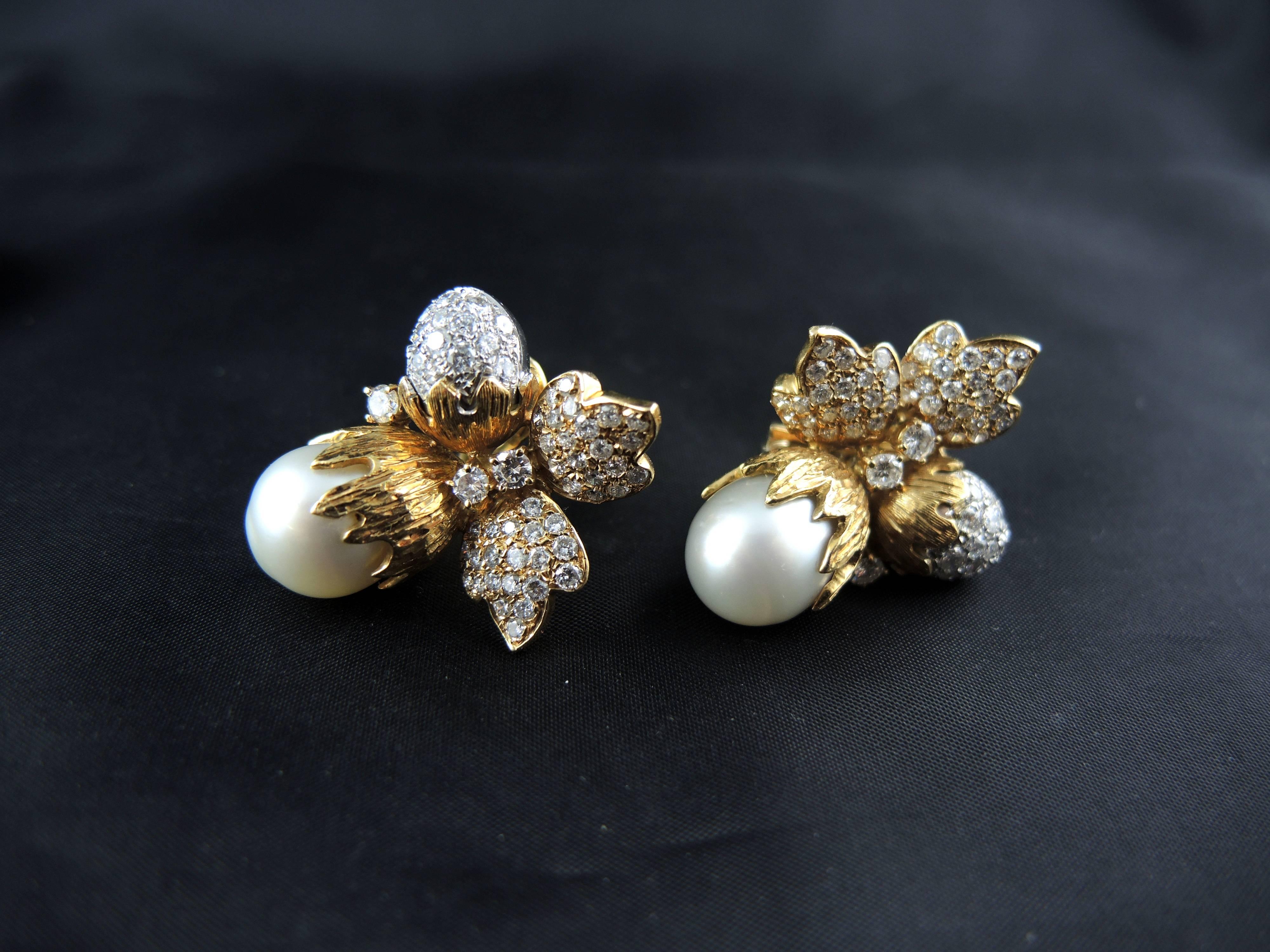 Women's Hazelnuts' Acorns and Leaves Earrings Set with Diamonds and South Sea Pearls