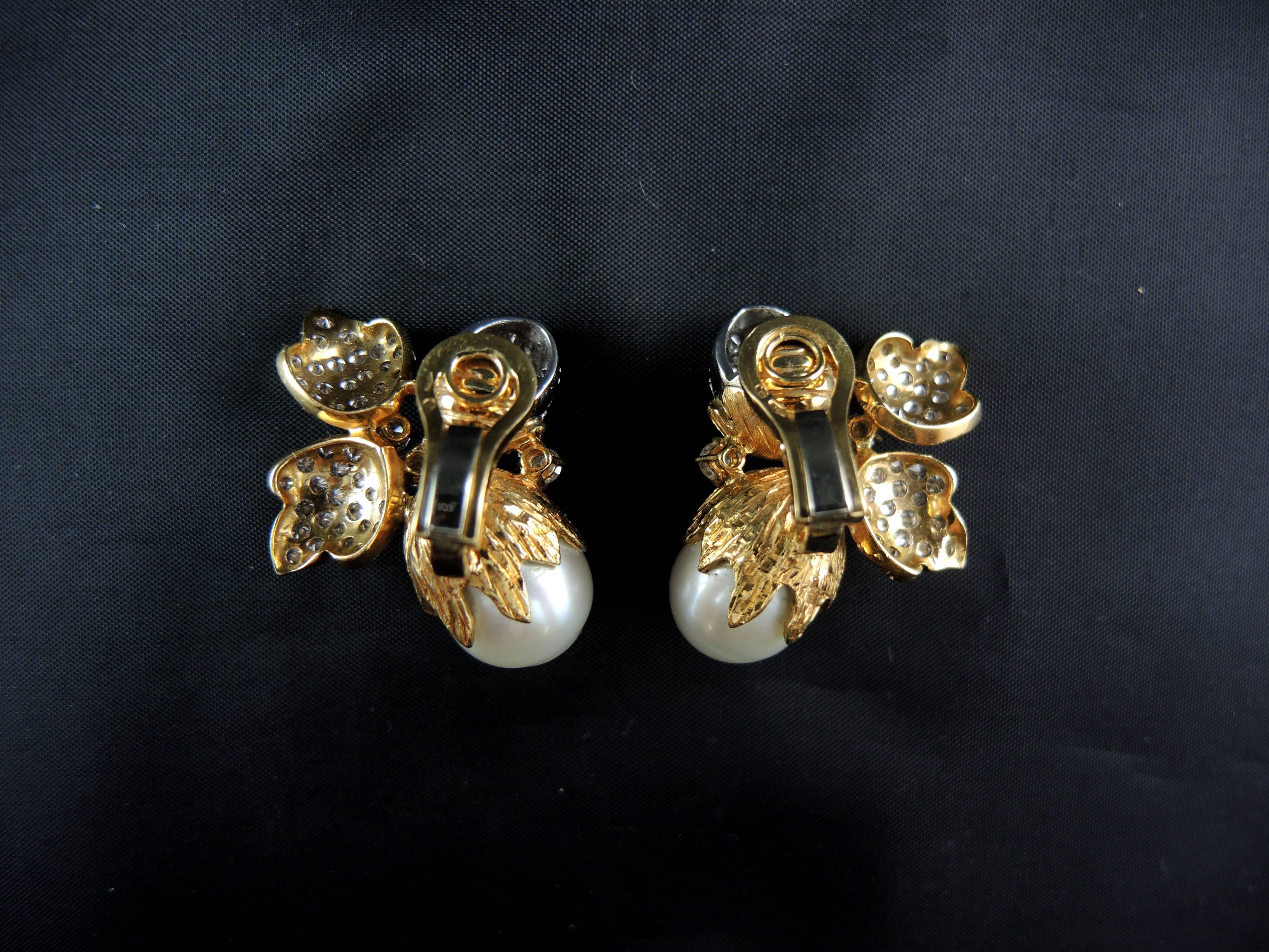 Hazelnuts' Acorns and Leaves Earrings Set with Diamonds and South Sea Pearls 1