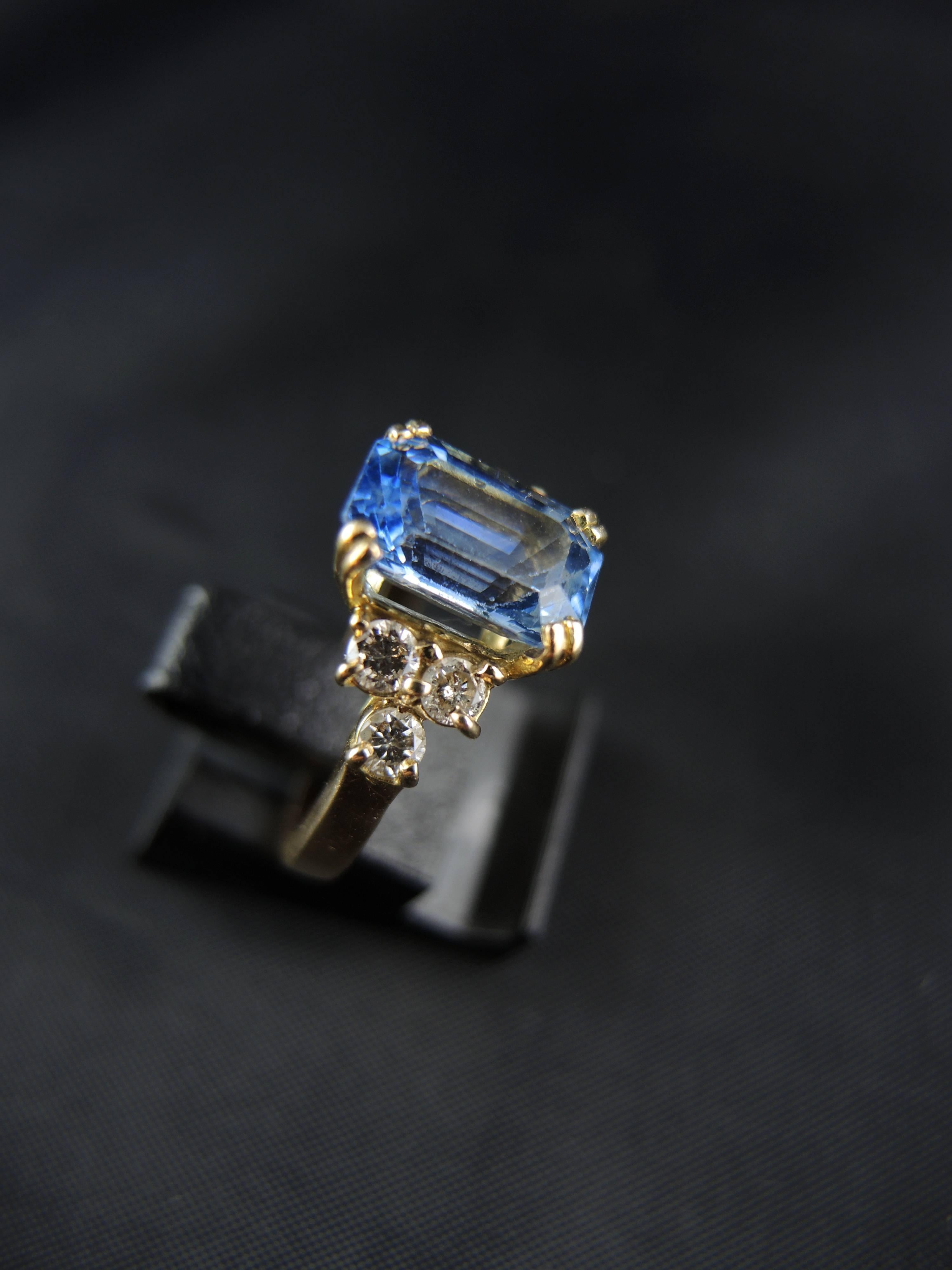 Emerald Cut French Engagement Ring with Sapphire and Diamonds For Sale