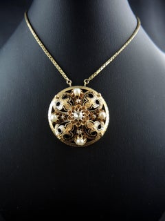 Antique French Enameled Necklace with Diamond and Natural Pearls